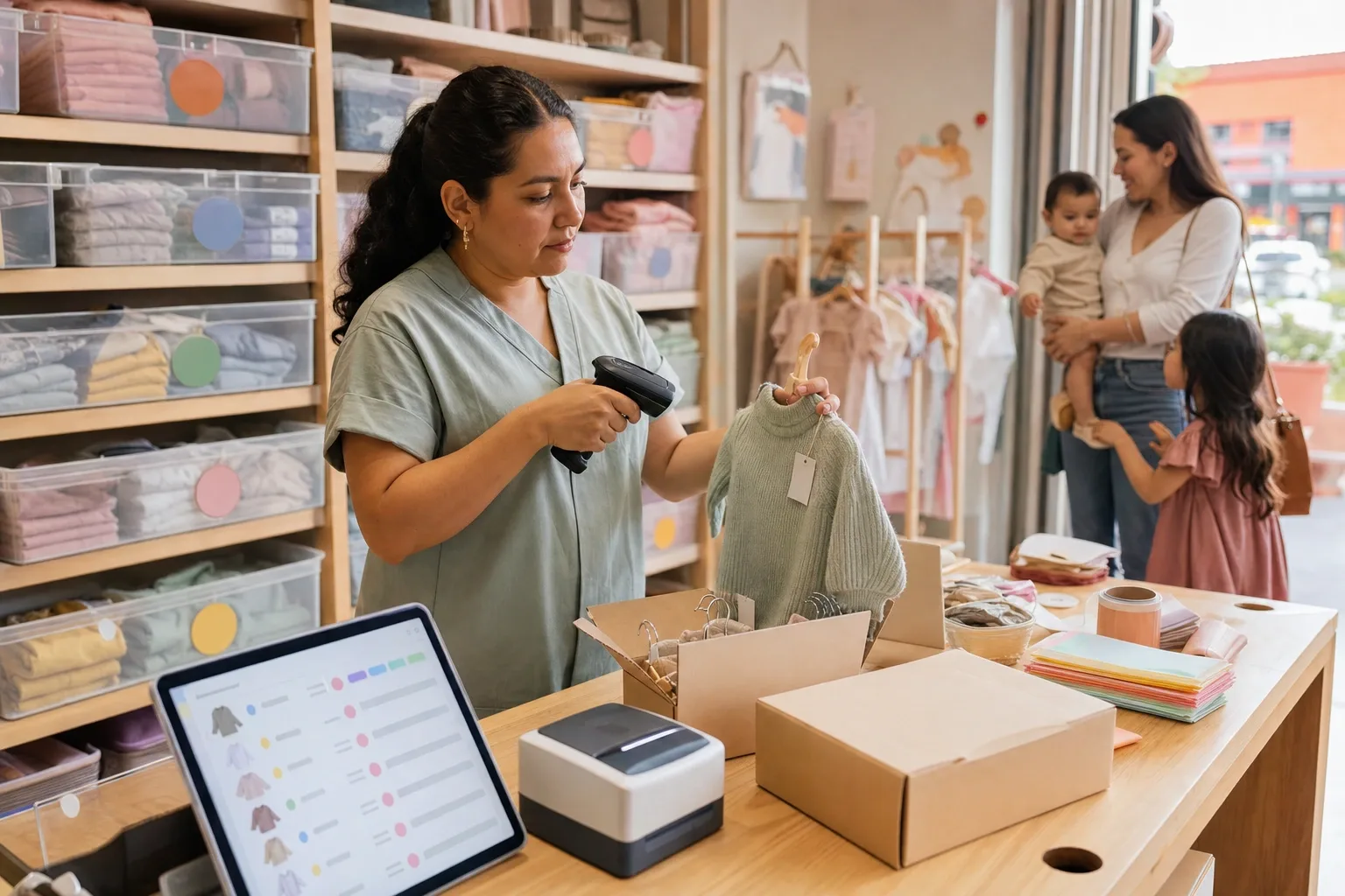 Trastienda de una tienda infantil: recepción de la maquila por talla y la mesa de empaque de pedidos en línea