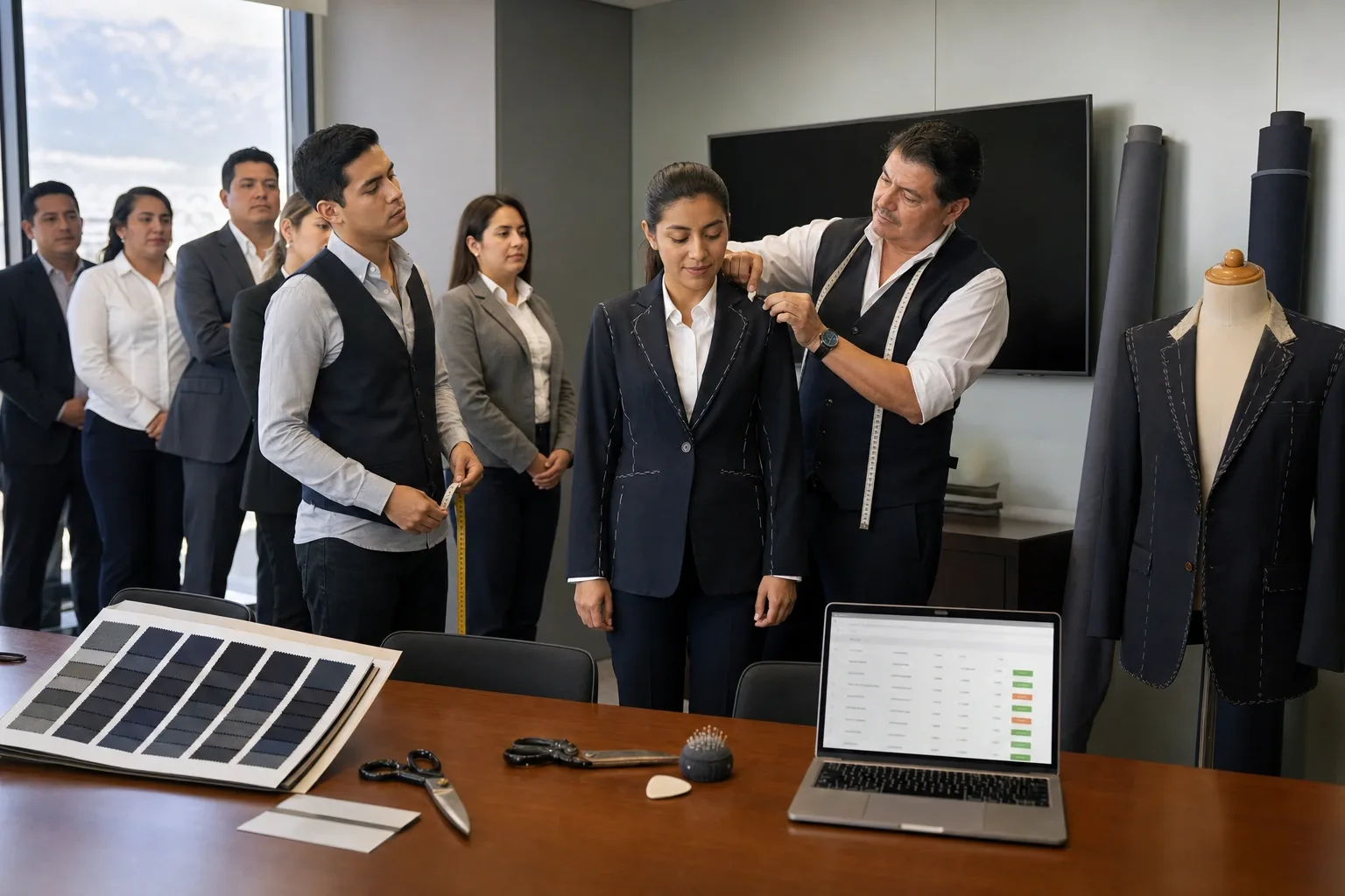 Sastre y su ayudante tomando medidas a empleados de una empresa en la sala de juntas de la oficina, con la relación por empleado en la laptop