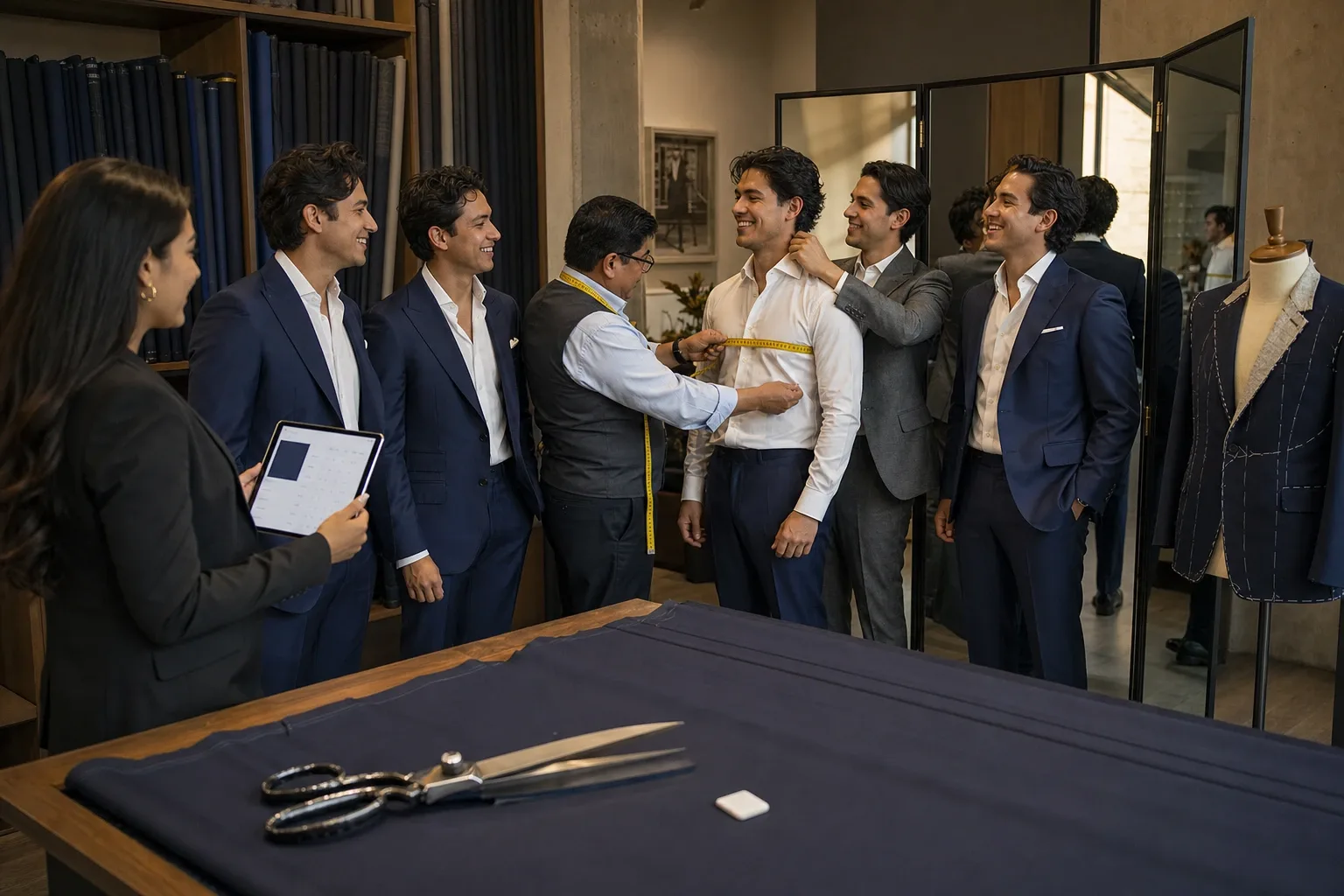 Grupo de padrinos de boda midiéndose para trajes iguales en una sastrería, con la misma pieza de casimir extendida en la mesa de corte