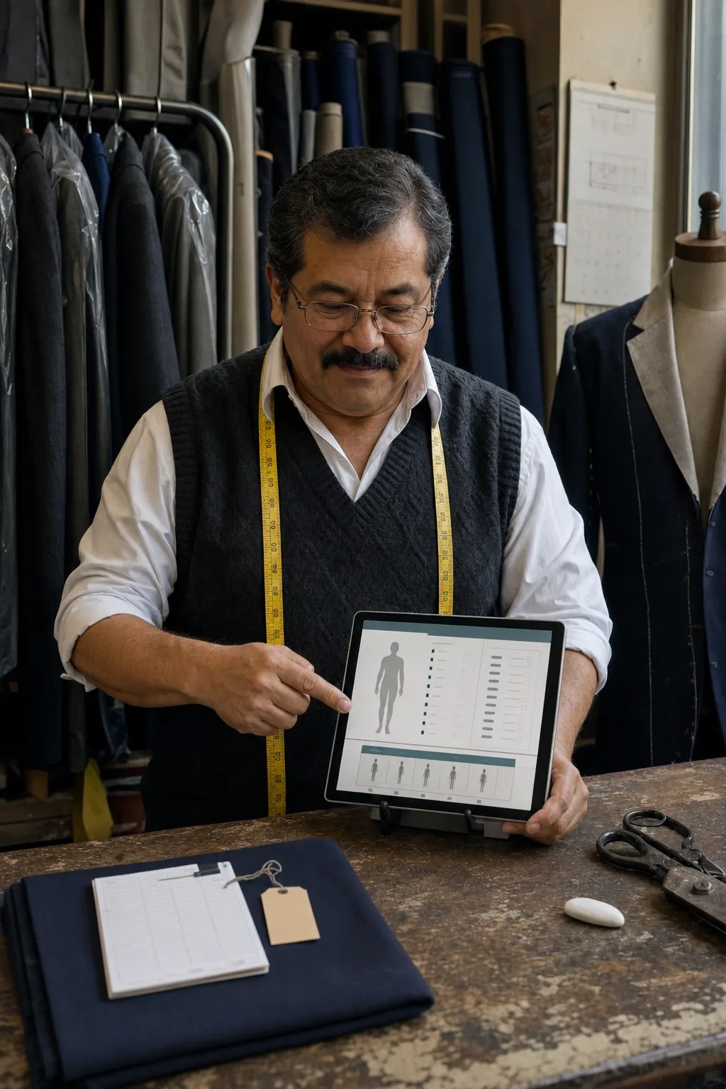 El mismo sastre con la tablet en el mostrador: la ficha de medidas del cliente y la línea de fechas de la orden