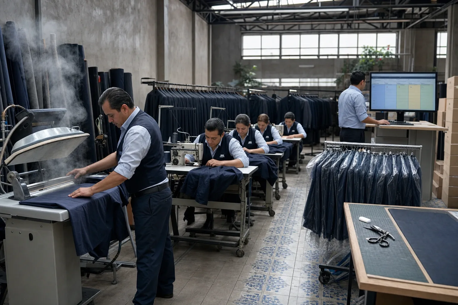 Taller central de ajustes de una cadena de tiendas de trajes, con los racks por talla y los trajes terminados en funda listos para salir a las sucursales