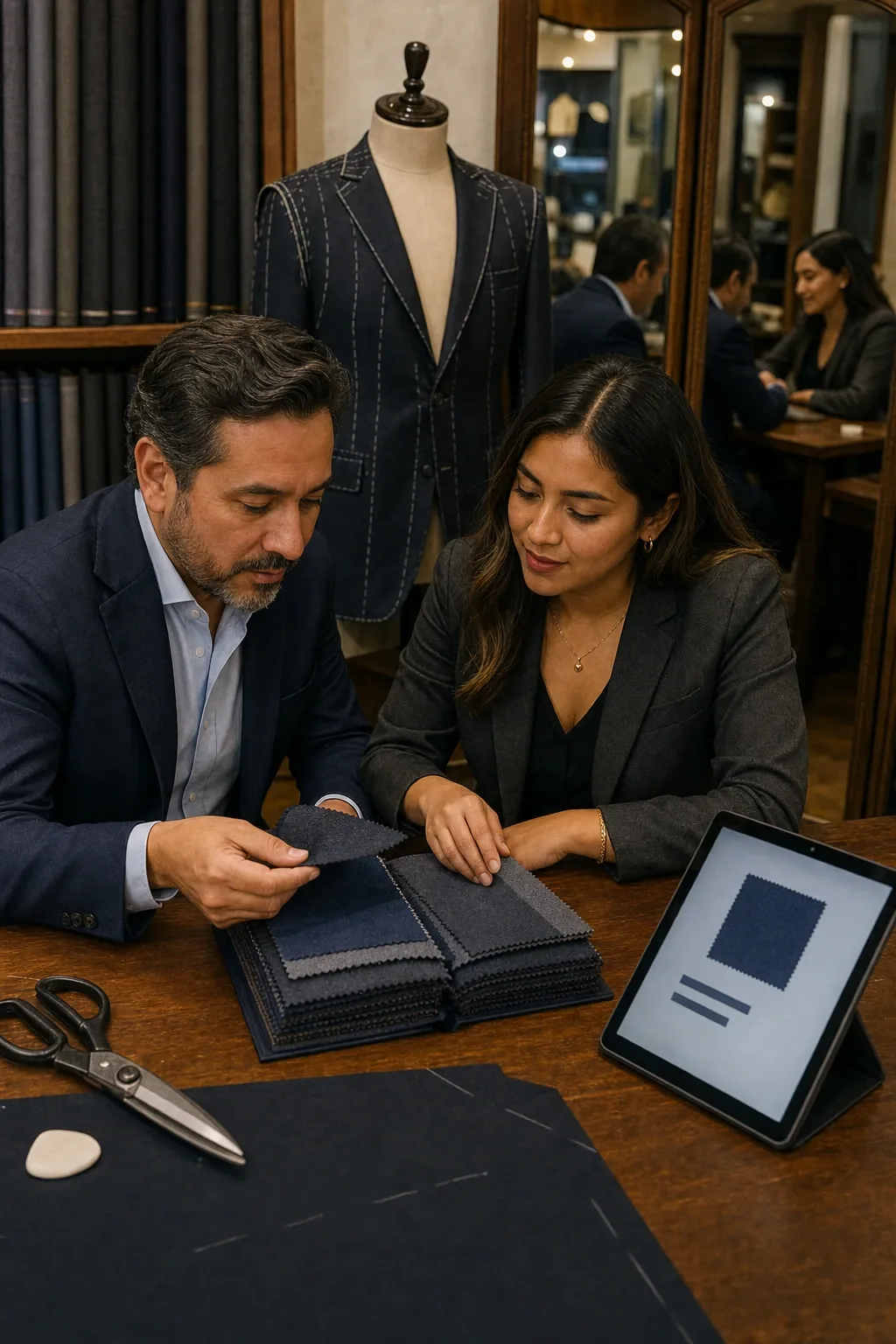 Cliente y vendedora revisando la carta de telas de una sastrería, con los metros de cada clave en la tablet