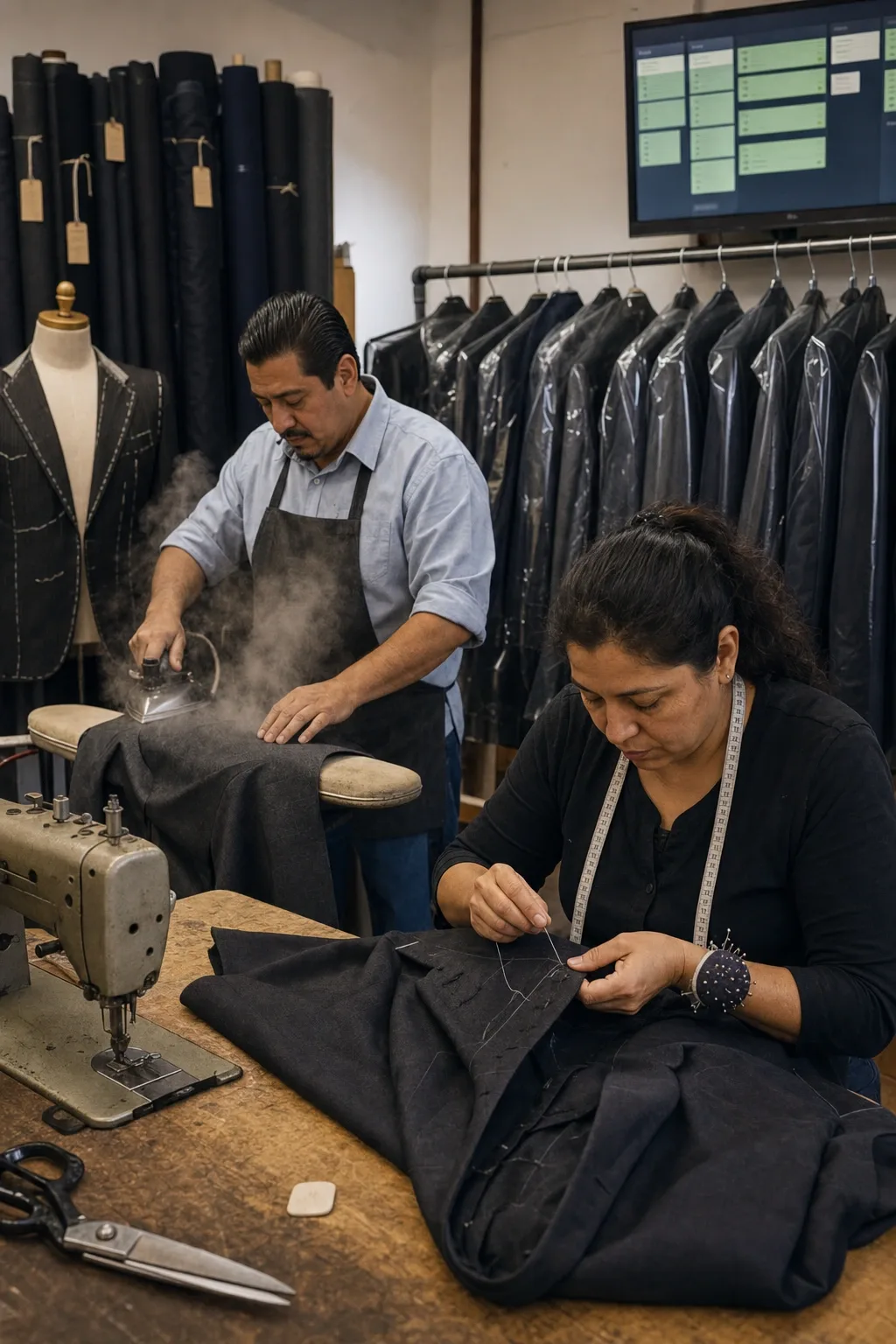 Taller de sastrería con las máquinas, la mesa de plancha y el maquilero entregando el viernes los trajes terminados en ganchos