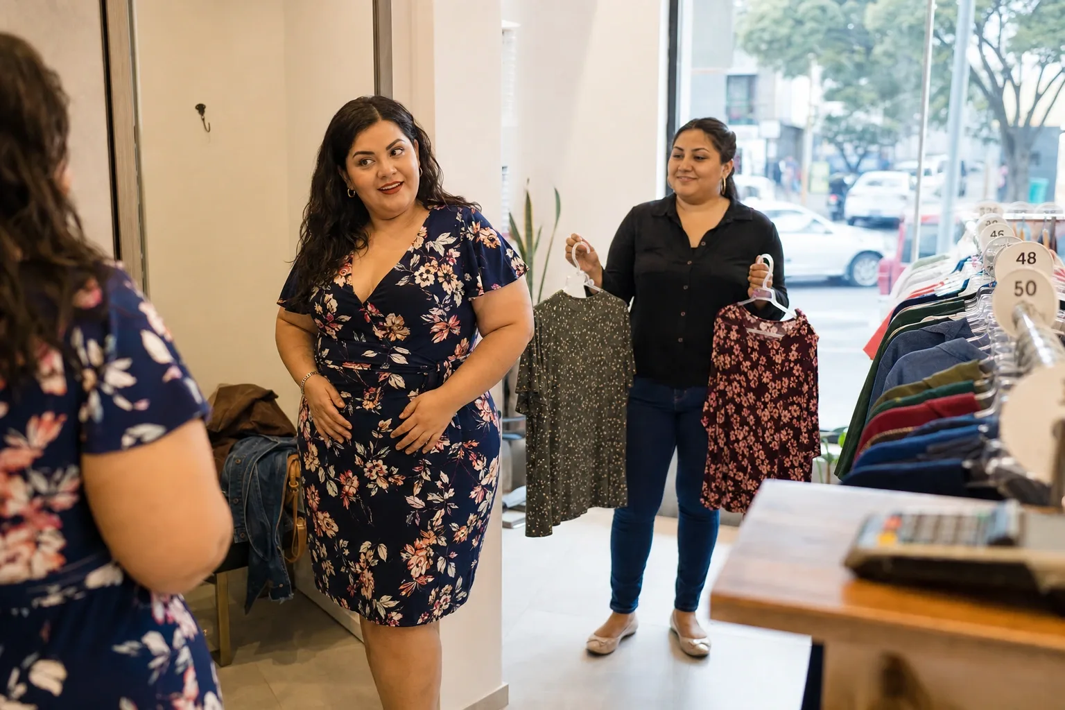Cliente de talla extra viéndose al espejo con un vestido que le queda, y la vendedora un paso atrás