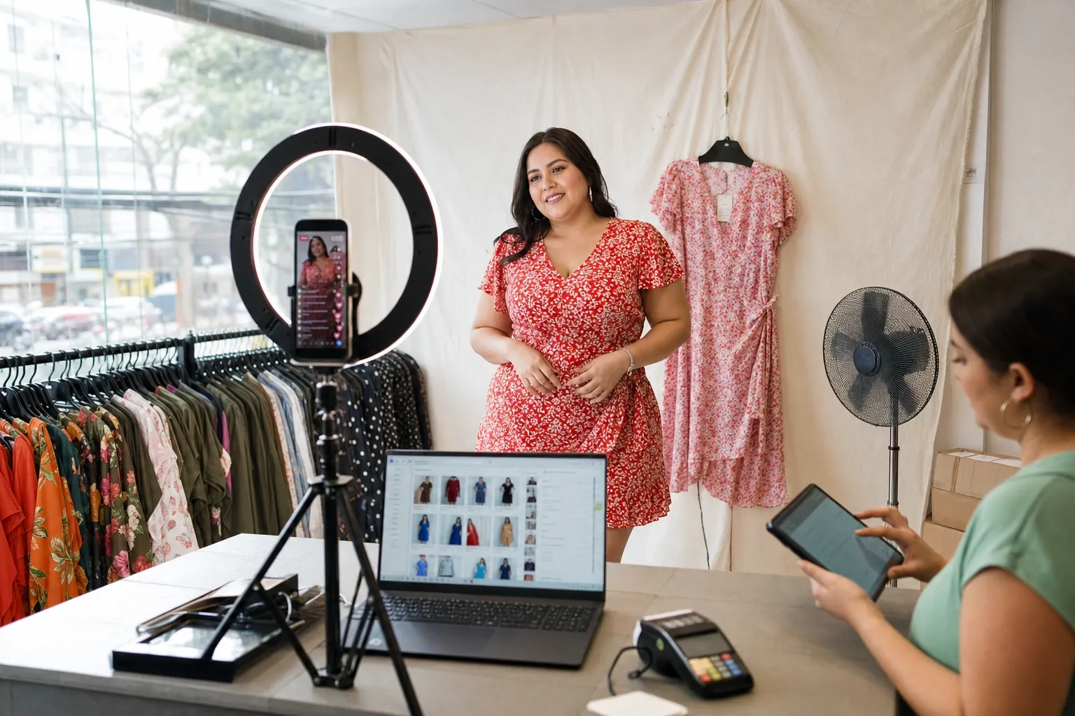 Transmisión en vivo desde el cuarto de atrás de una boutique de tallas grandes, con la modelo diciendo qué talla trae puesta