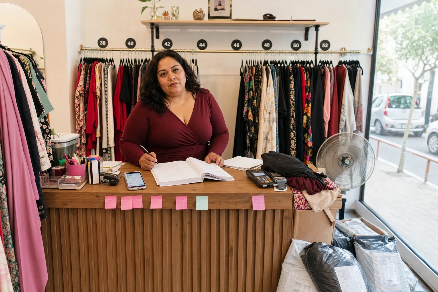 Vendedora de una boutique de tallas grandes buscando en la libreta si queda la 46 mientras el riel se ve hueco por el centro