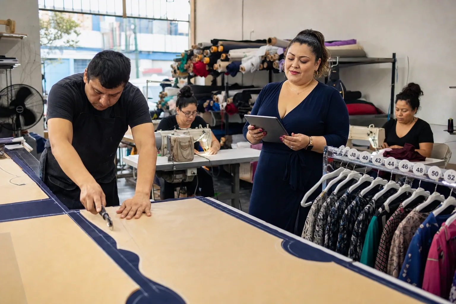 Dueña de una marca de tallas grandes revisando con el taller la corrida por talla antes de cortar