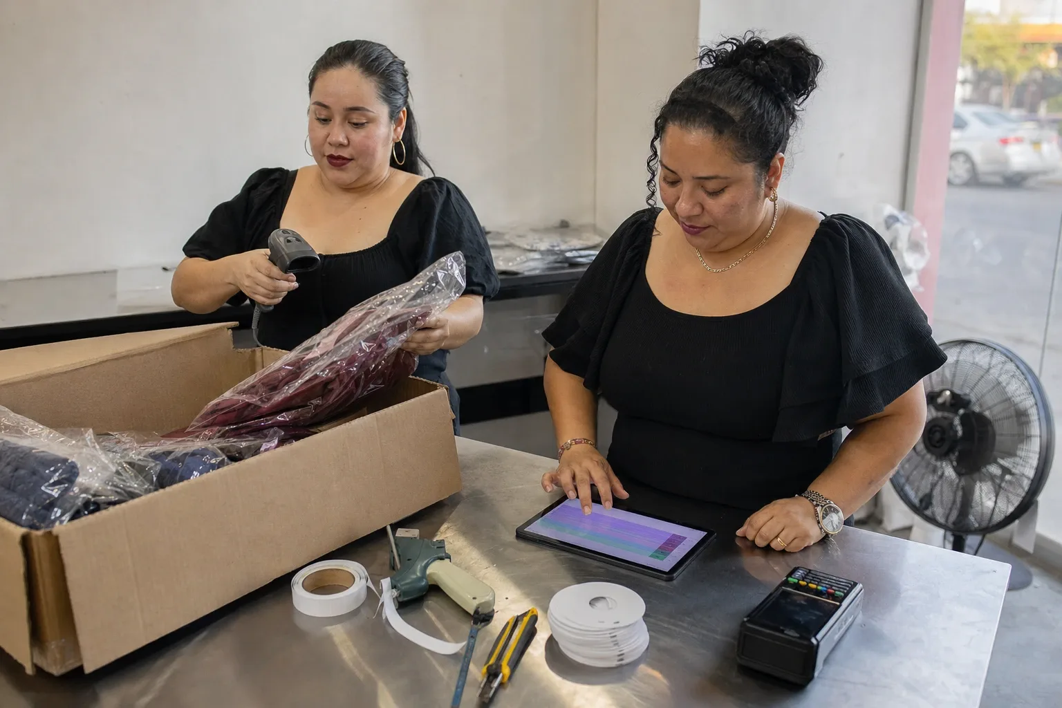 Recepción de la corrida de maquila contando pieza por talla en la trastienda de una boutique de tallas grandes