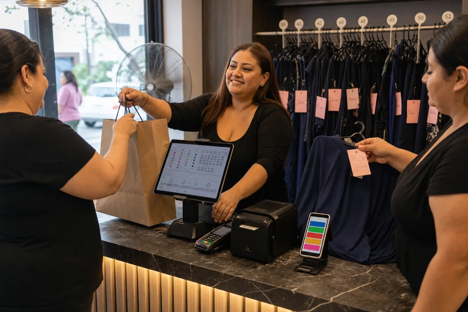 Mostrador de una boutique de tallas grandes con la terminal, el gancho de apartados y la pantalla del cambio por talla