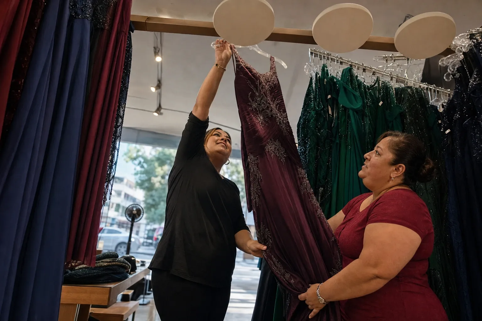Vitrina de vestidos de fiesta y de graduación en tallas de la 46 a la 52, con los apartados etiquetados