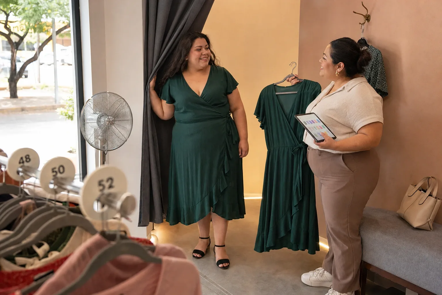Probador amplio de una boutique de tallas grandes con banca, ganchos, espejo de cuerpo entero y cortina que cierra