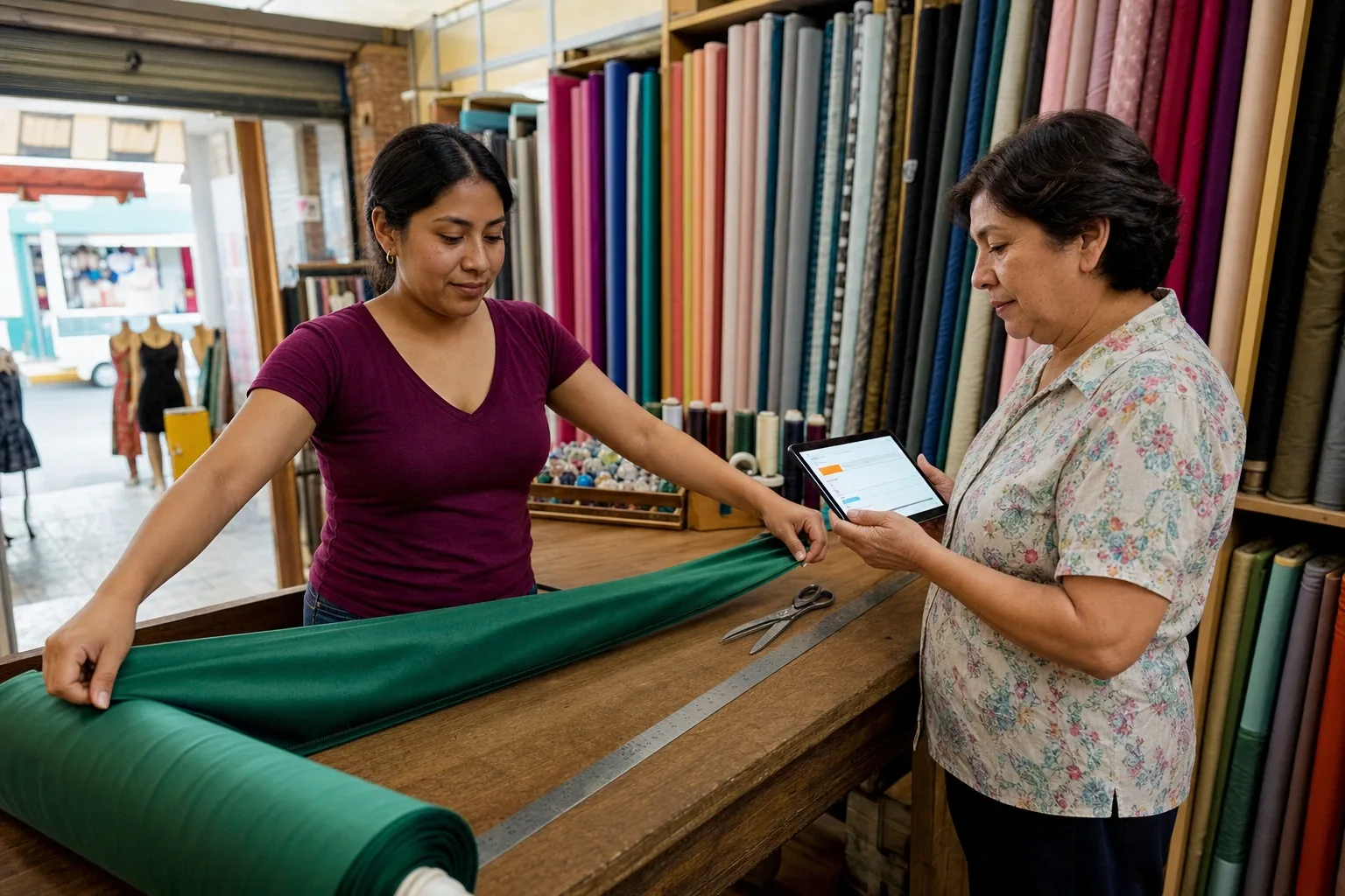 Modista y empleada midiendo satín para las seis damas de unos XV años sobre la mesa de corte de una tienda de telas