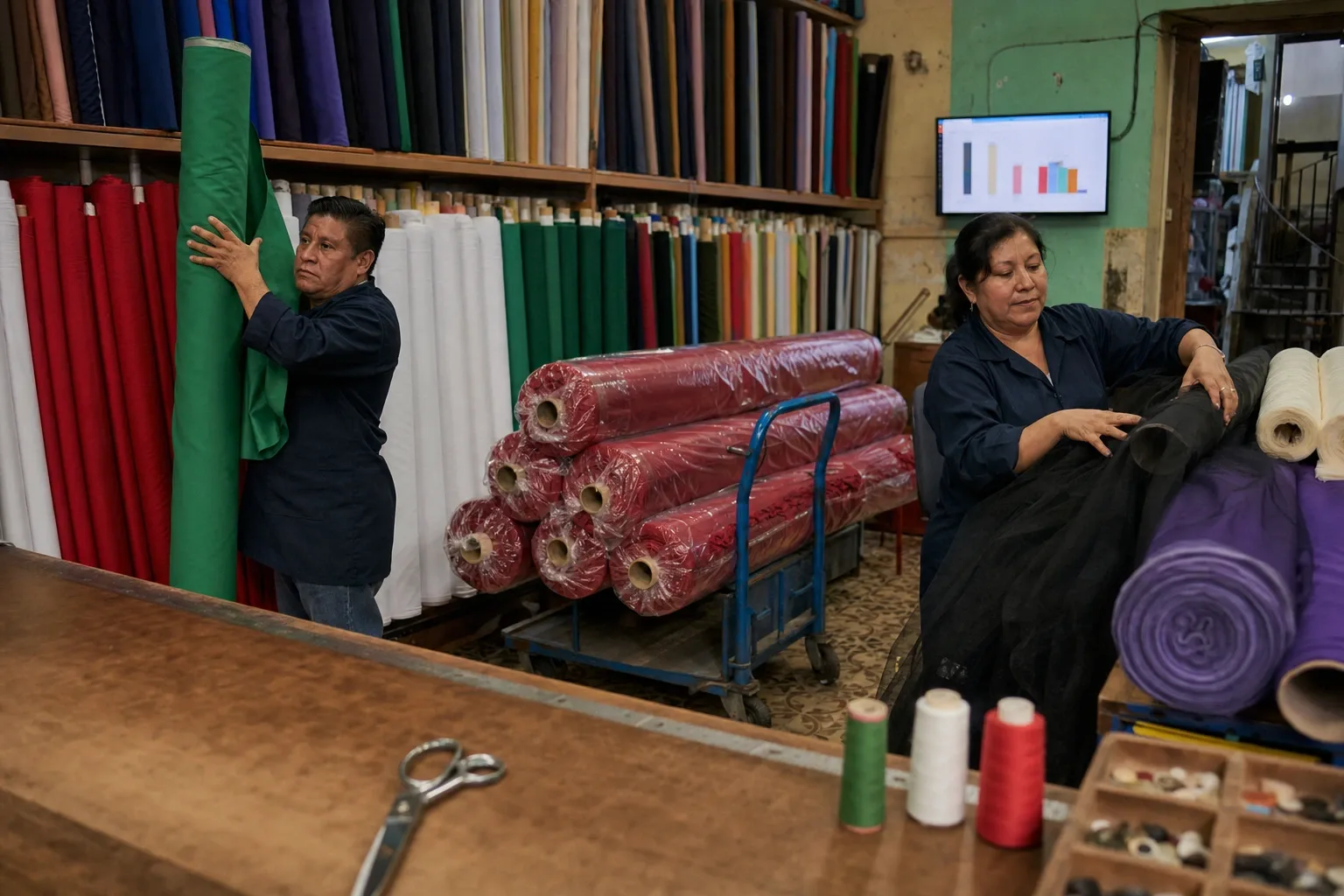 Cambio de aparador en una tienda de telas: se baja el listón tricolor y entran el tul negro, la manta cruda y el terciopelo rojo