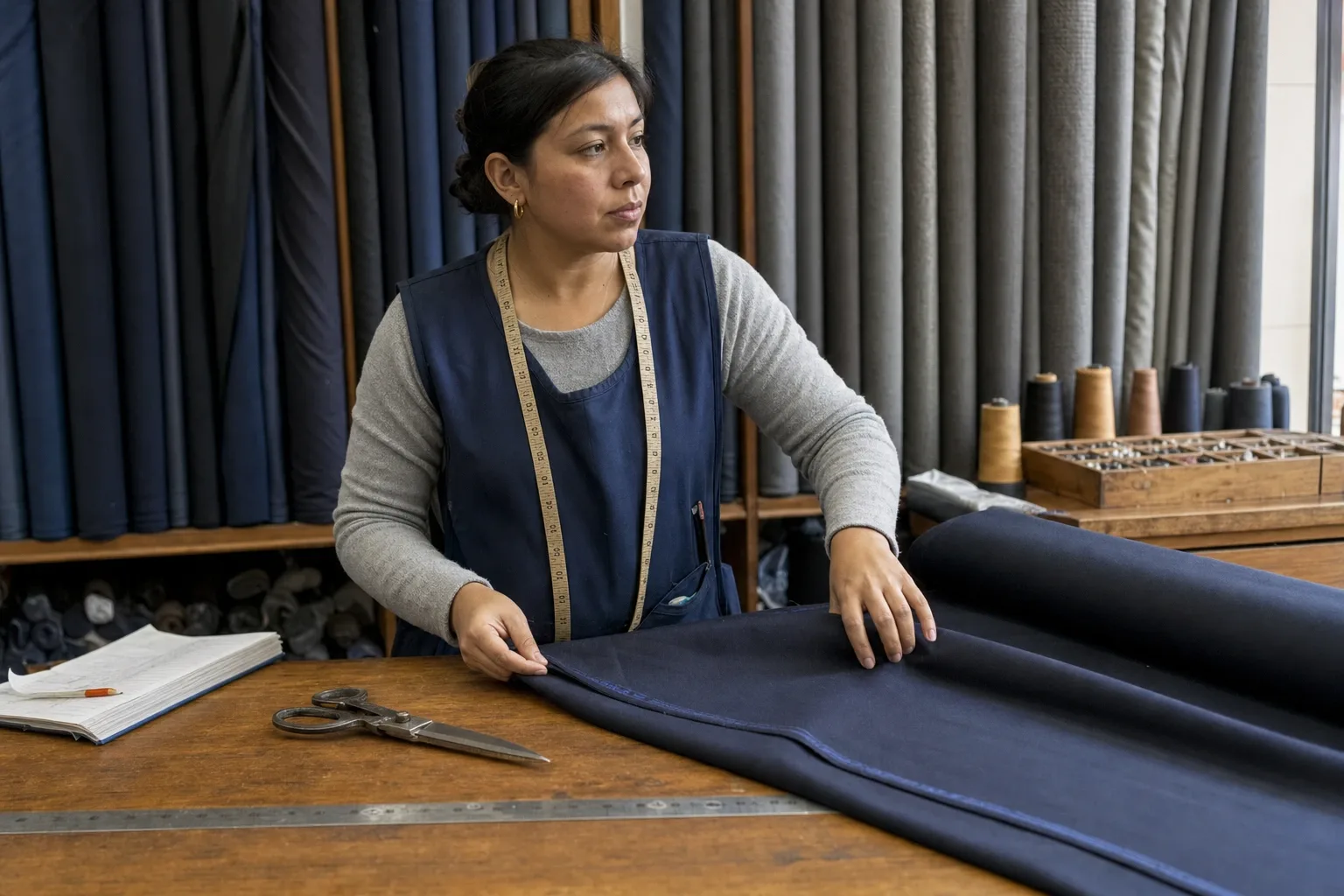 Empleada de una tienda de telas desenrollando una pieza de gabardina sobre el mostrador para contar a mano lo que queda