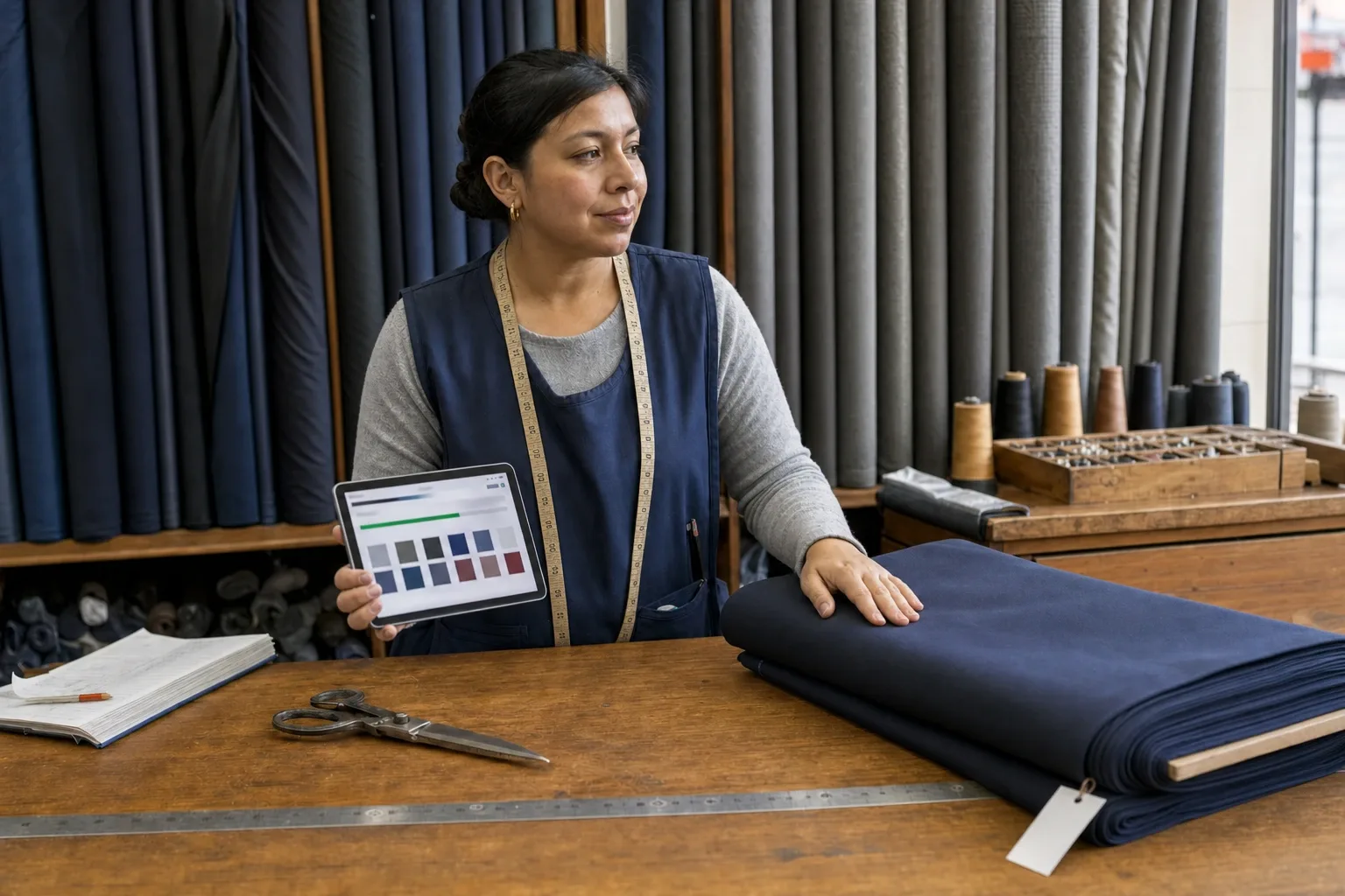 La misma empleada escaneando la etiqueta de la tabla de la pieza y viendo en la tablet los metros que quedan y su tono