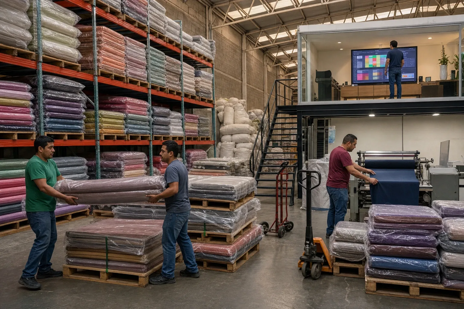 Bodega central de una cadena de telas con las piezas dobladas en tabla, ordenadas por color, y la revisadora en recepción