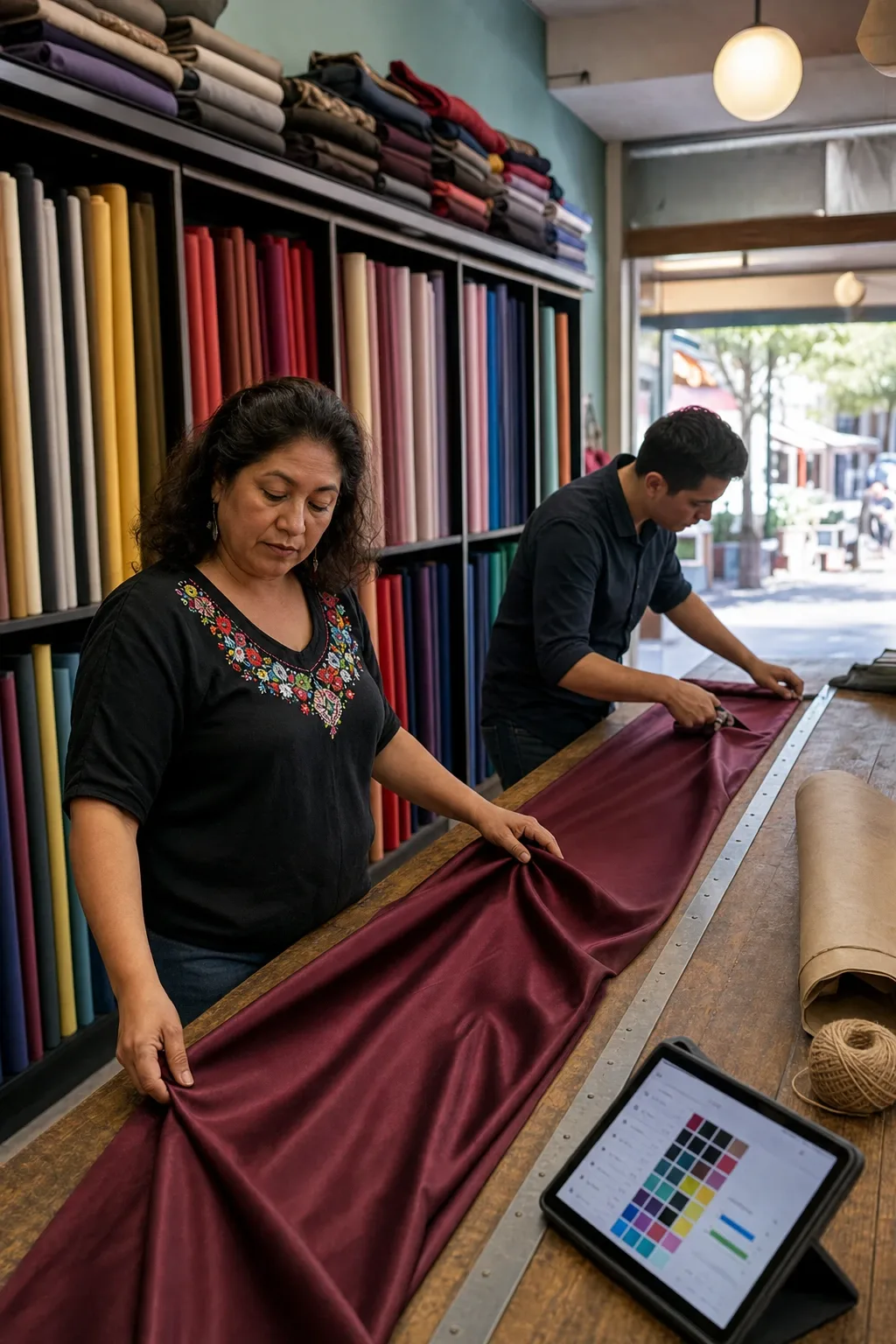 Tienda de telas moderna con la pared de piezas por color, la mesa de corte con su metro clavado y la tablet del mostrador