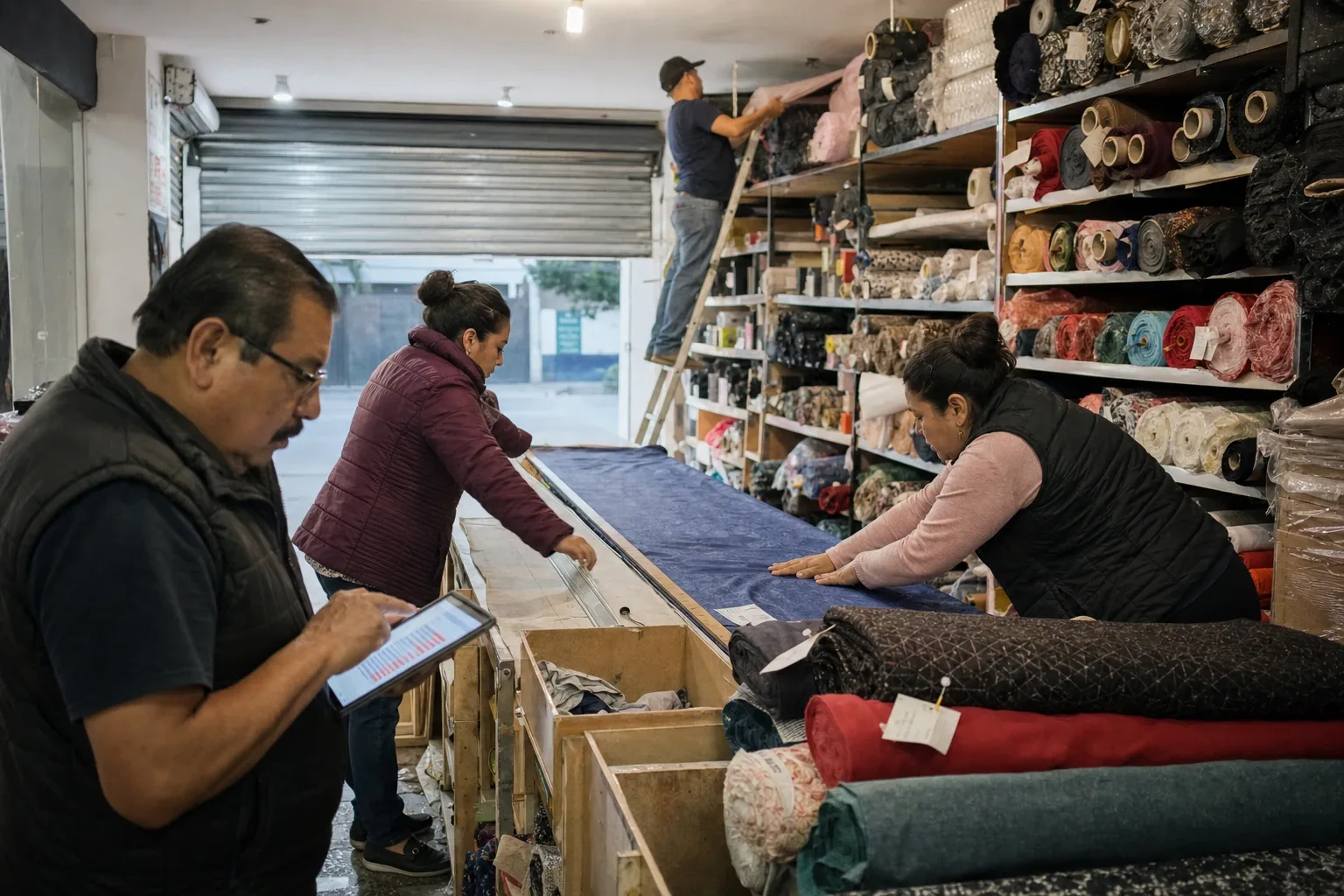 Conteo de enero en una tienda de telas: se miden los saldos contra el metro clavado y se capturan en la tablet