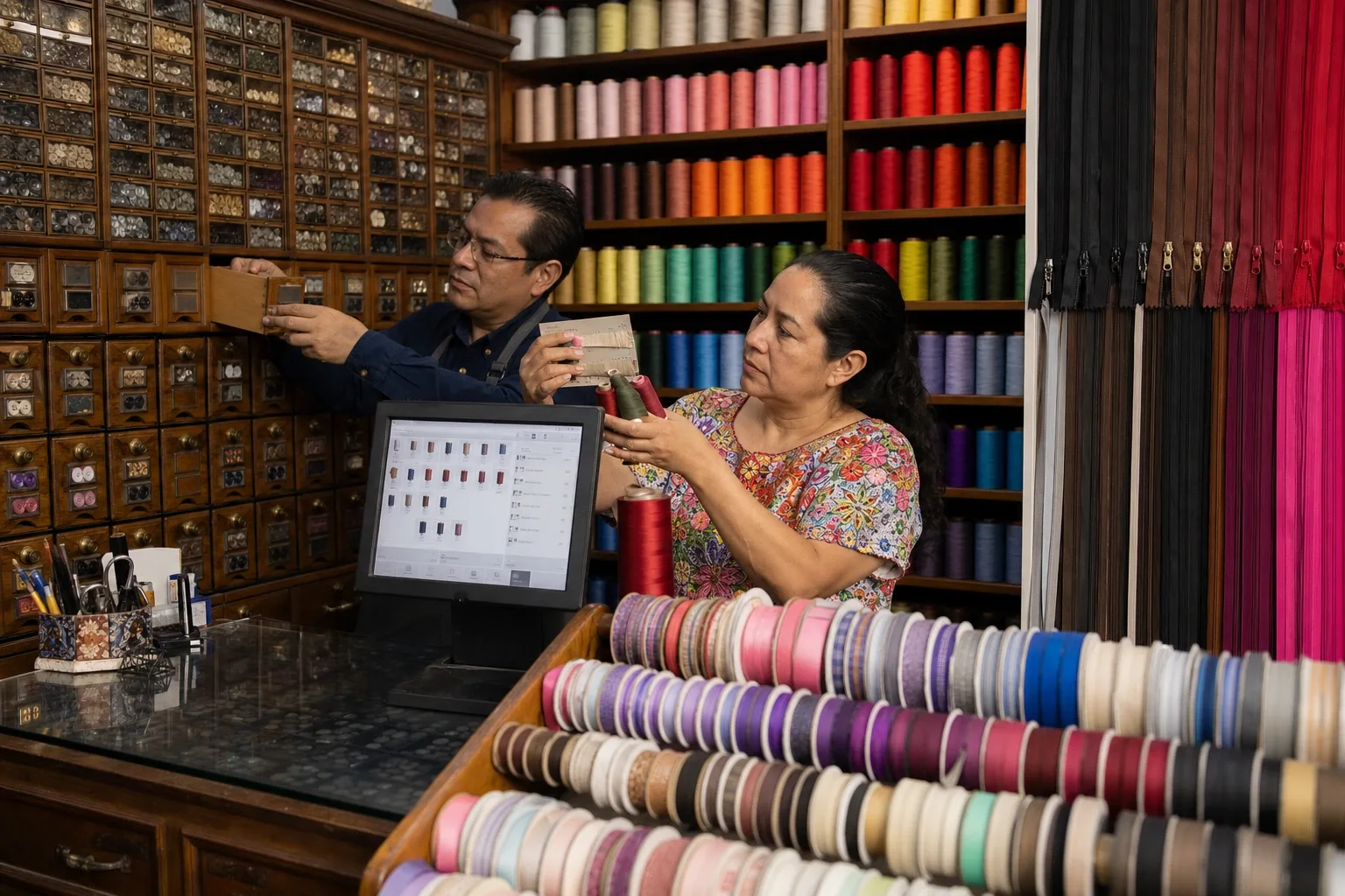 Mostrador de mercería con cajoneras de botones, la pared de conos de hilo por color y las varillas de listón