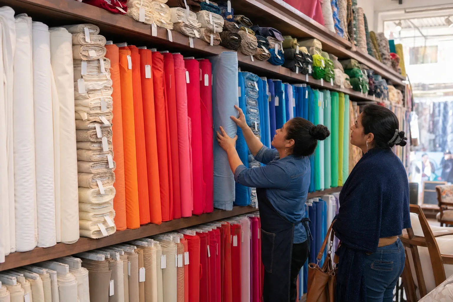 Pared de piezas de tela hasta el techo de una tienda de telas, ordenadas por familia y por color