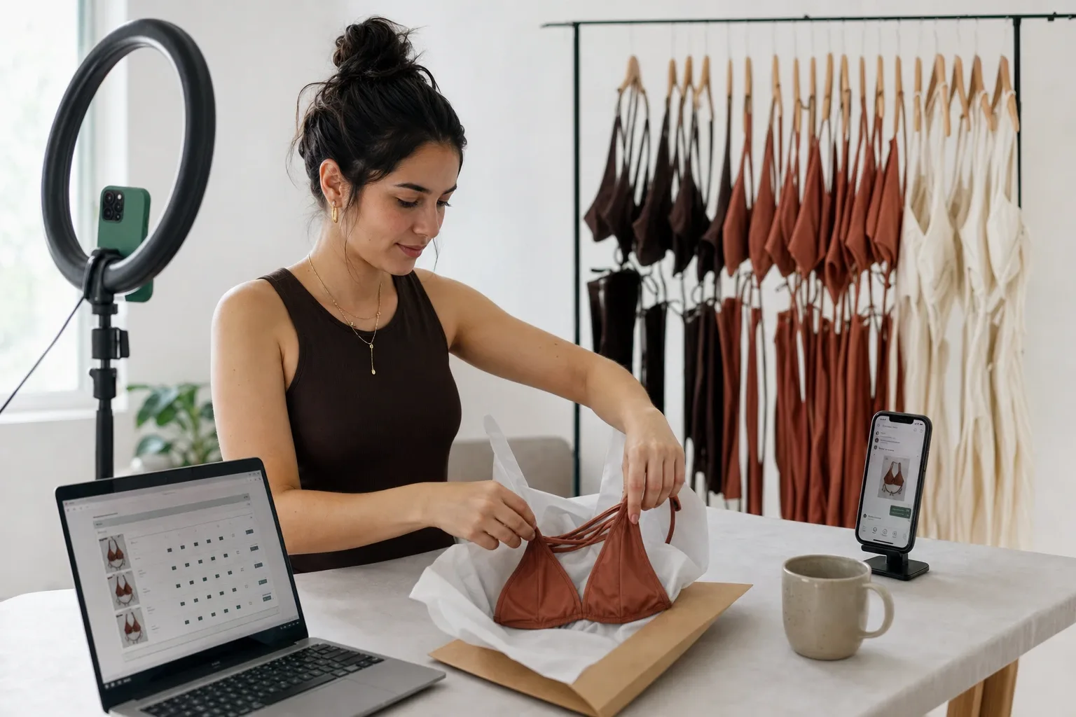 Fundadora de una marca de bikinis empacando un pedido de Instagram en su estudio, con el apartado en el celular
