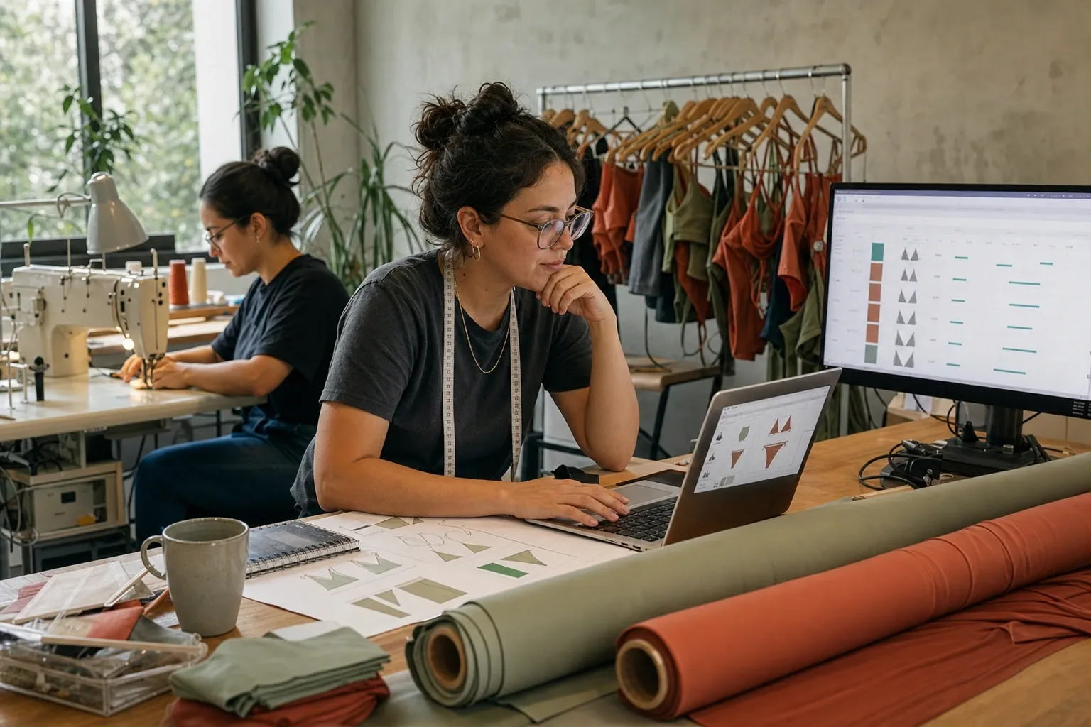 Diseñadora de una marca de trajes de baño en su taller, con rollos de lycra y la orden de compra por talla en la pantalla