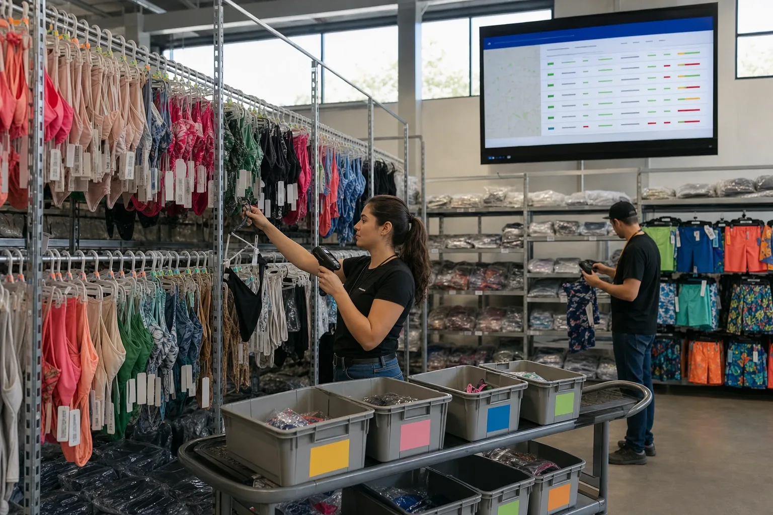 Bodega central de una cadena de trajes de baño en Guadalajara, con las piezas por color y el tablero de existencias por tienda