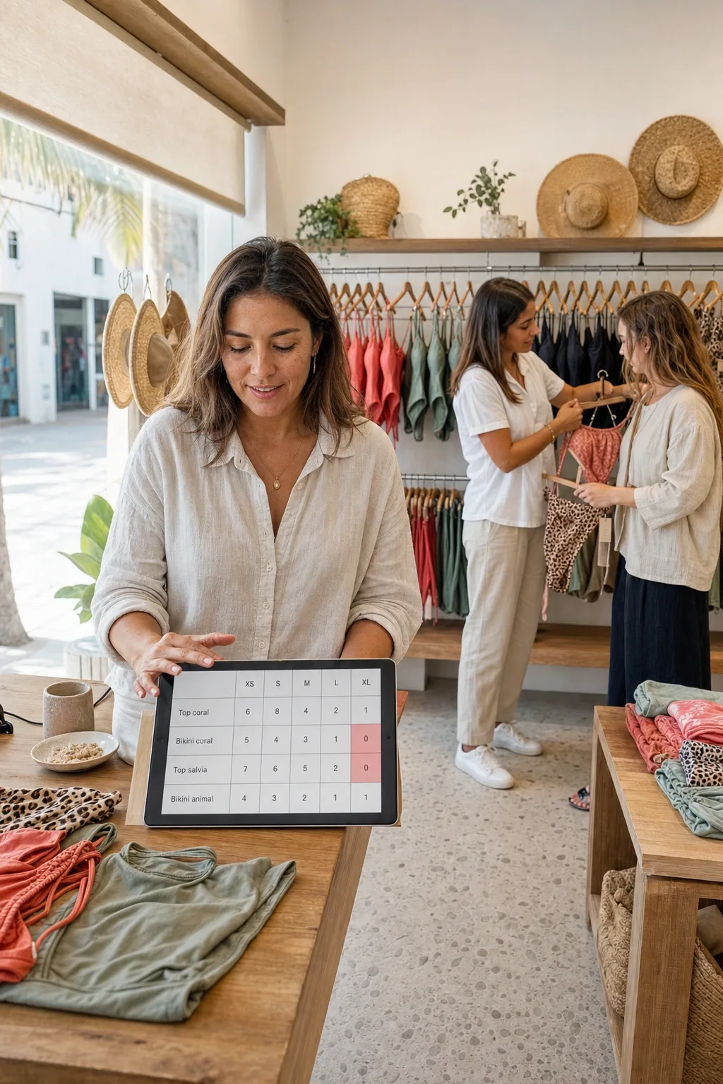 Dueña de una boutique de trajes de baño en una plaza de playa, con la matriz de tallas por color en su tablet y los rieles de bikinis detrás