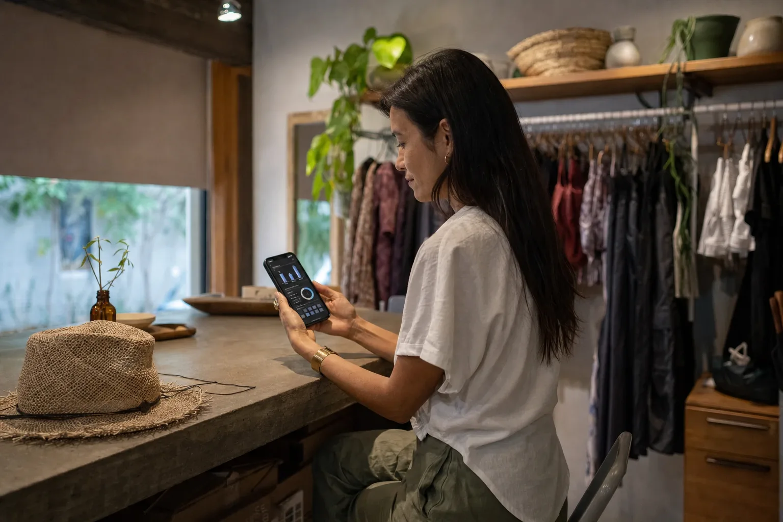 Dueña revisando el tablero del día al cerrar la tienda