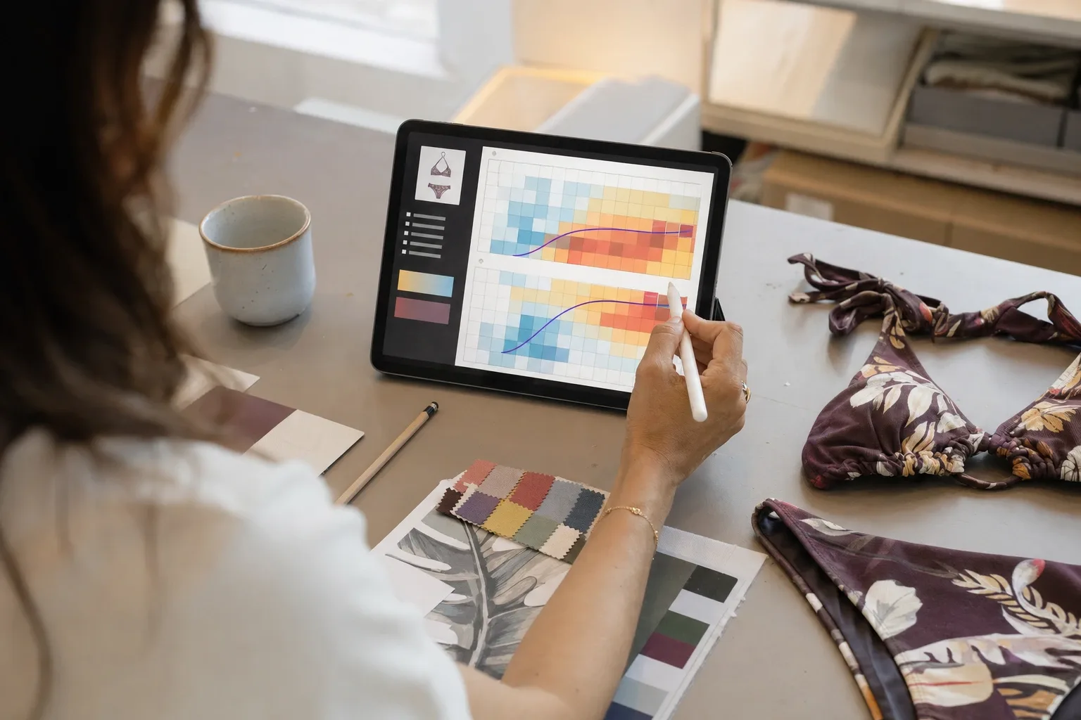 Compradora revisando la venta por talla y color de la temporada pasada en su tablet