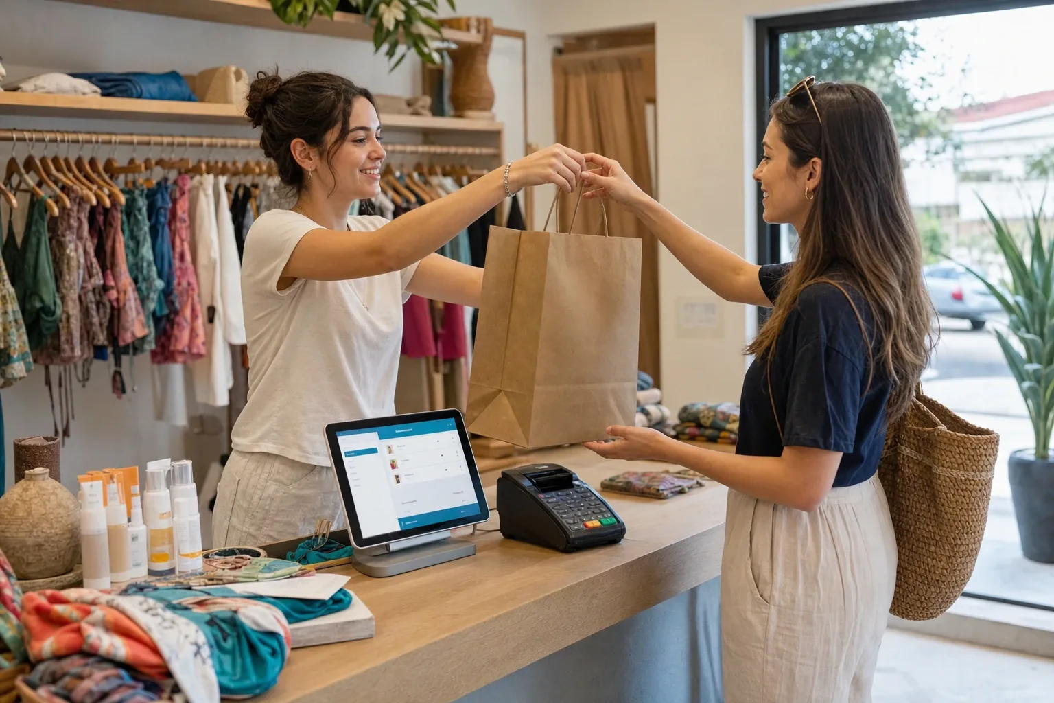 Mostrador de una boutique de trajes de baño con la tablet del punto de venta y los pareos de impulso