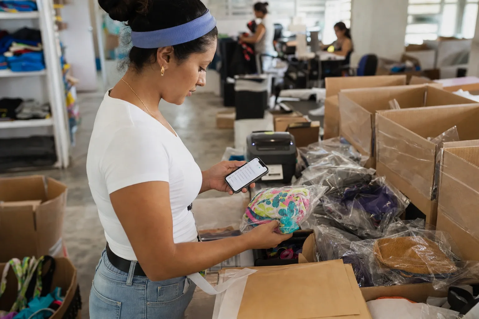 Trastienda de una marca de trajes de baño: cajas de la maquila recién llegadas y la mesa de empaque de pedidos en línea