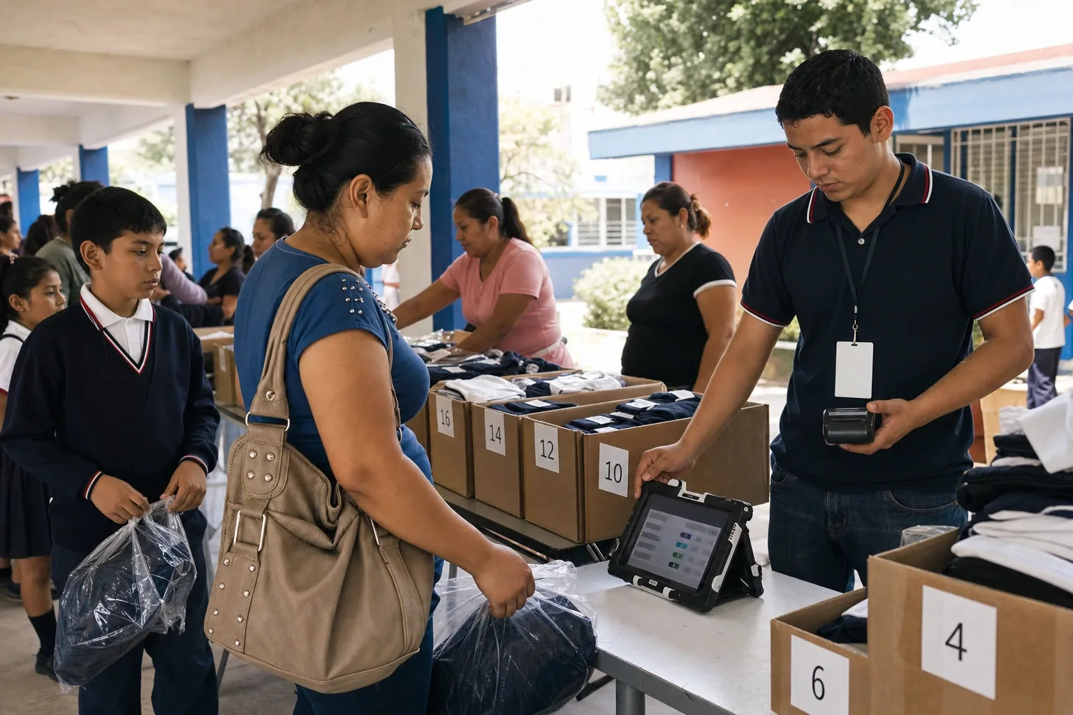 Módulo de venta de uniformes en el patio techado de una escuela, con las cajas por talla y la tablet cobrando