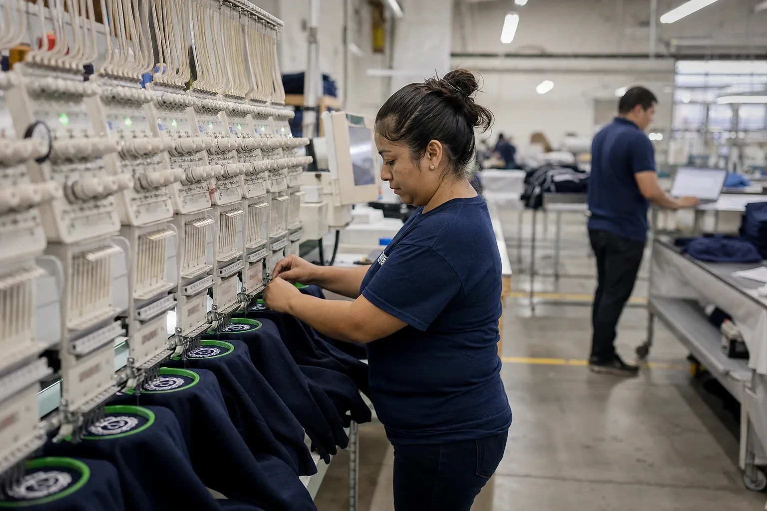 Fabricante de uniformes con su bordadora de seis cabezas bordando un escudo genérico en suéteres marinos