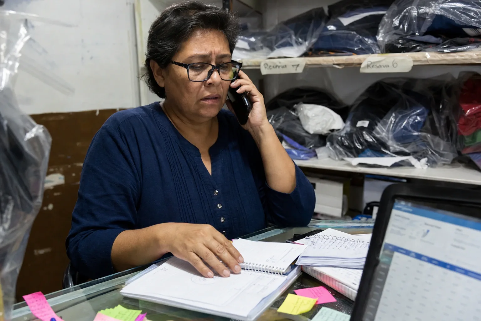 Dueña de una tienda de uniformes en julio, rodeada de libretas de apartados y bolsas con nombre, buscando un pedido