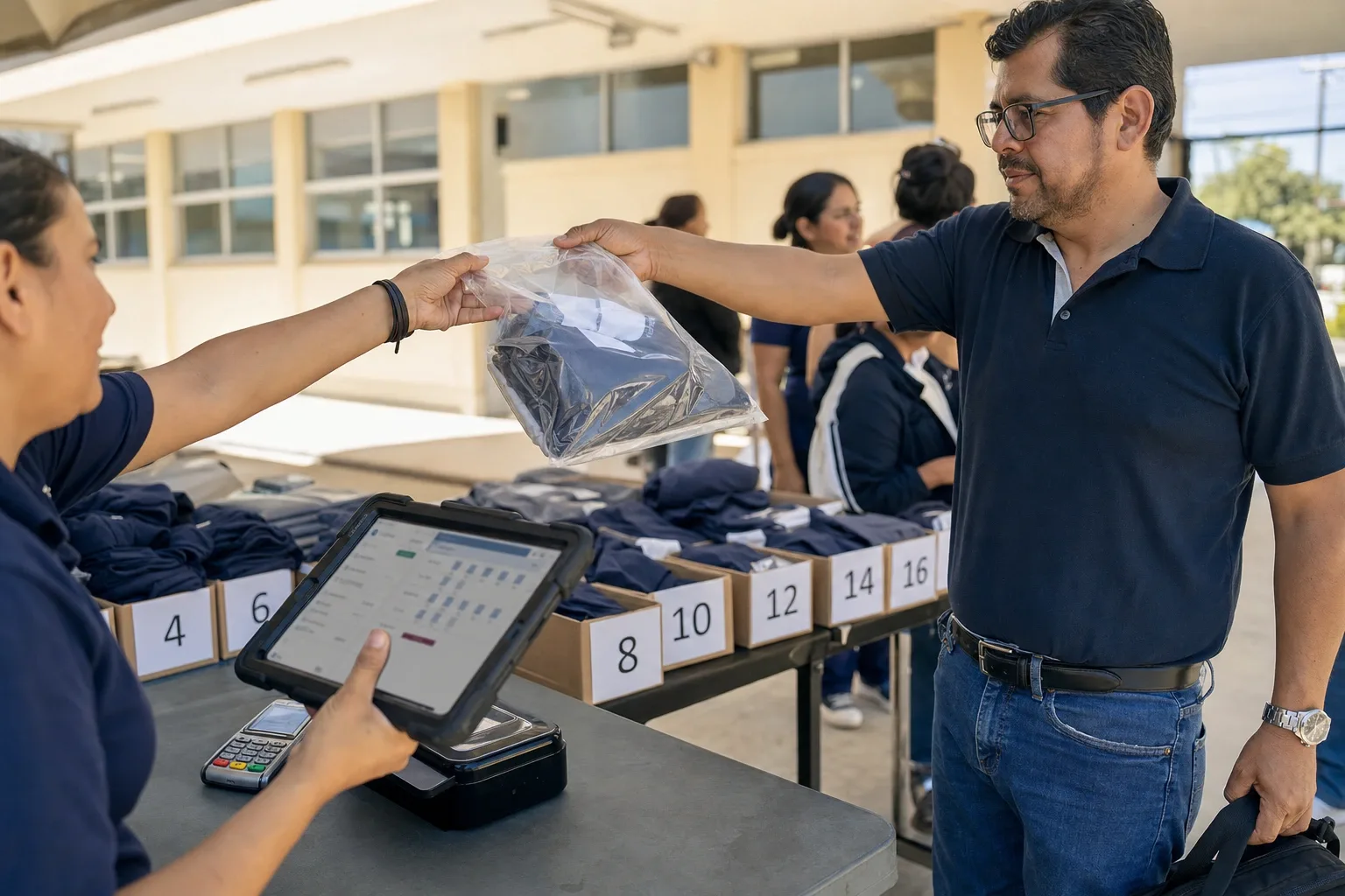 Empleada cobrando en el módulo de una escuela con la tablet sin internet