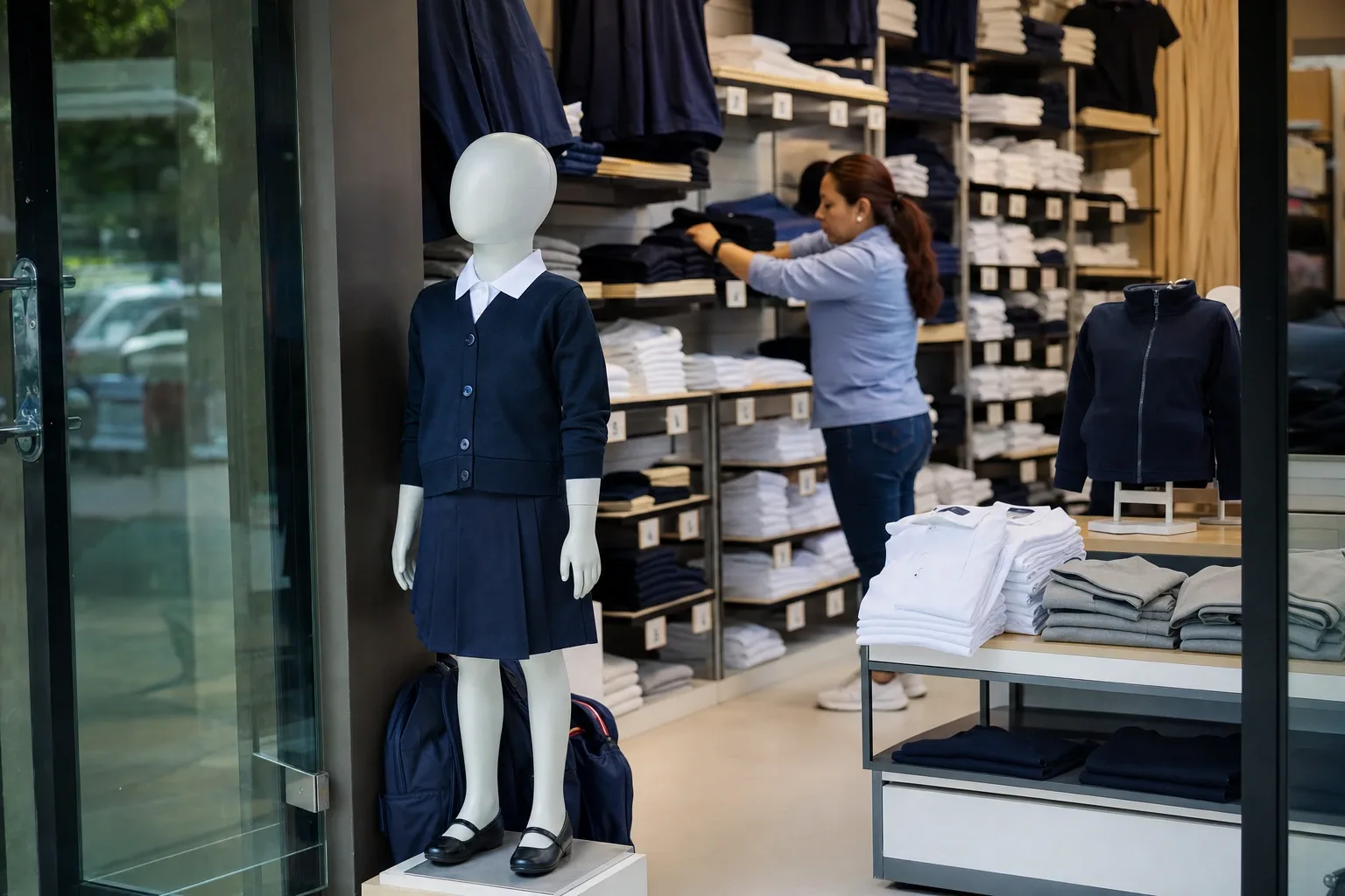 Piso de venta de una tienda de uniformes con polos y suéteres agrupados por escuela y por talla