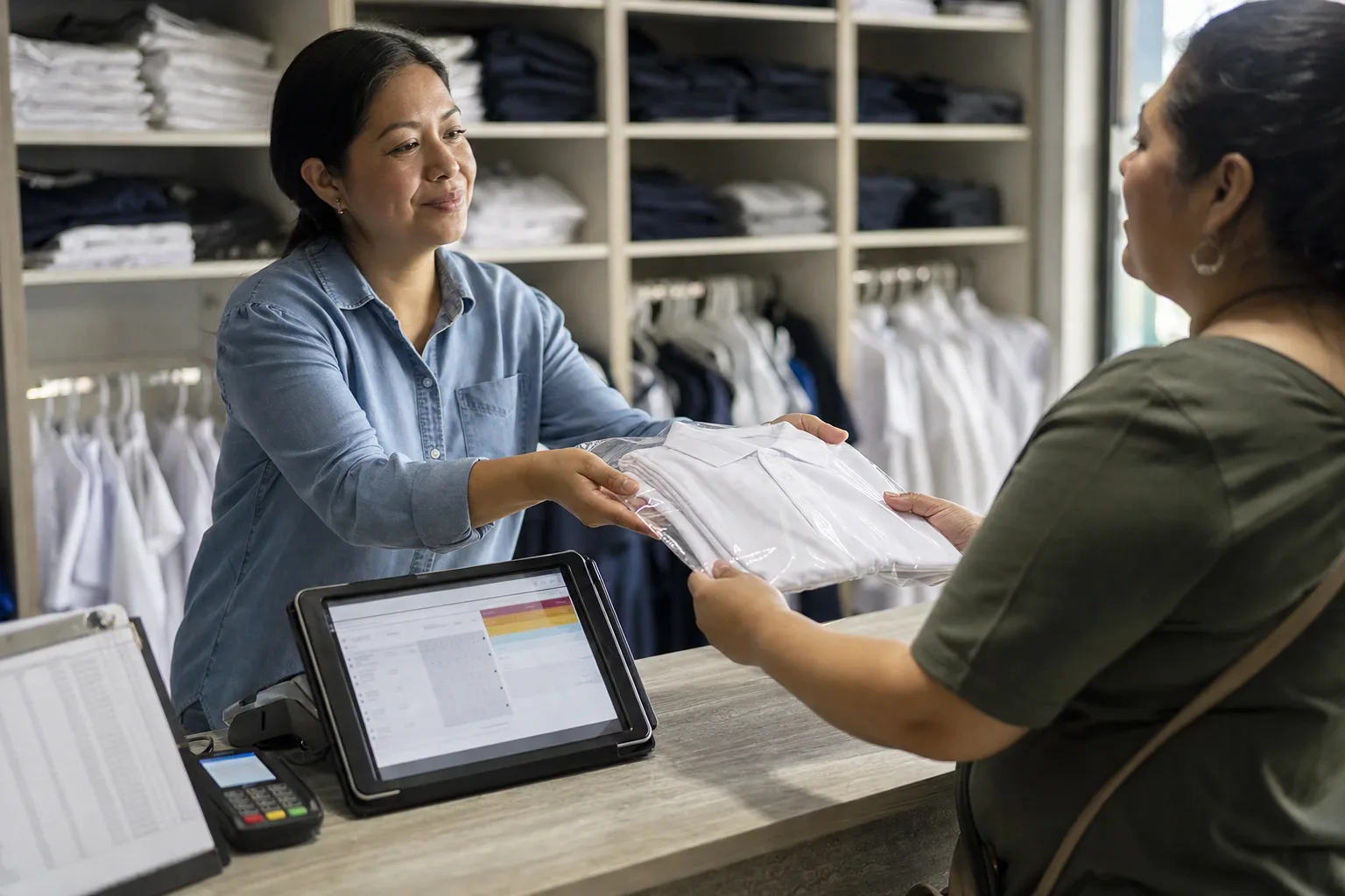 Mostrador de una tienda de uniformes con la lista de la escuela en la tablet y una mamá recibiendo su polo