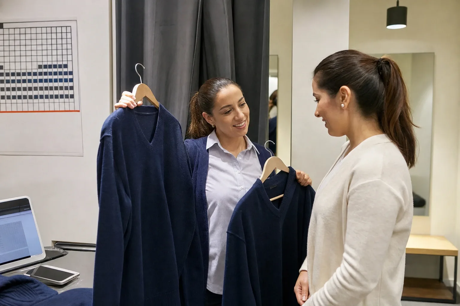 Probador y mesa de cambios de una tienda de uniformes, con la cinta métrica colgada