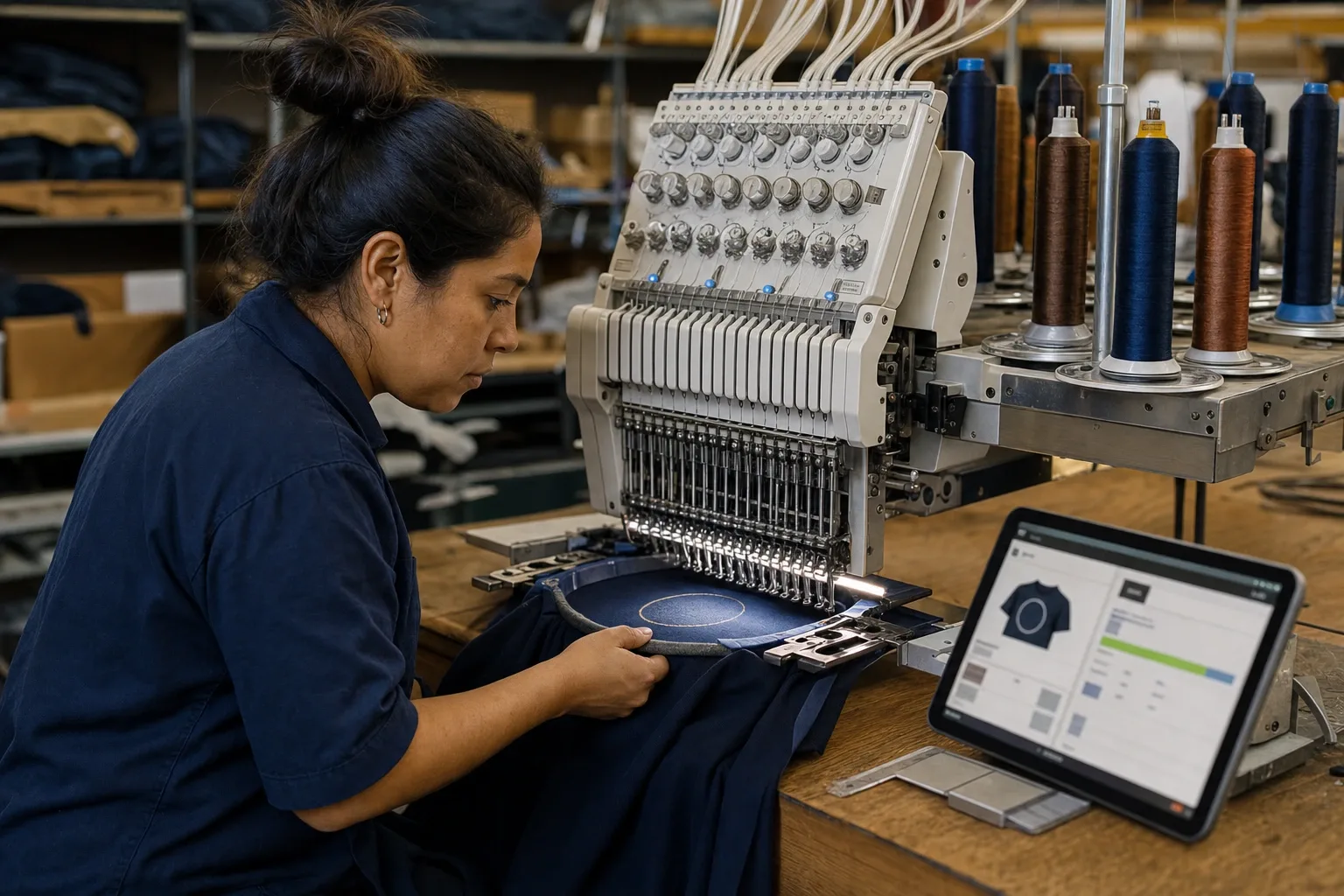 Taller de bordado de una tienda de uniformes: la bordadora de seis cabezas y la mesa de revisión