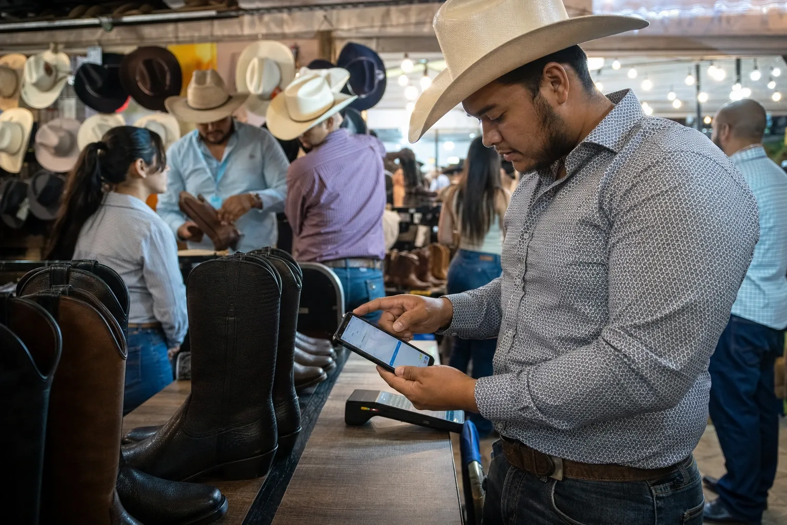 Carpa de una tienda western en la feria de noche, con botas en mesas, texanas colgadas y el cobro desde el celular