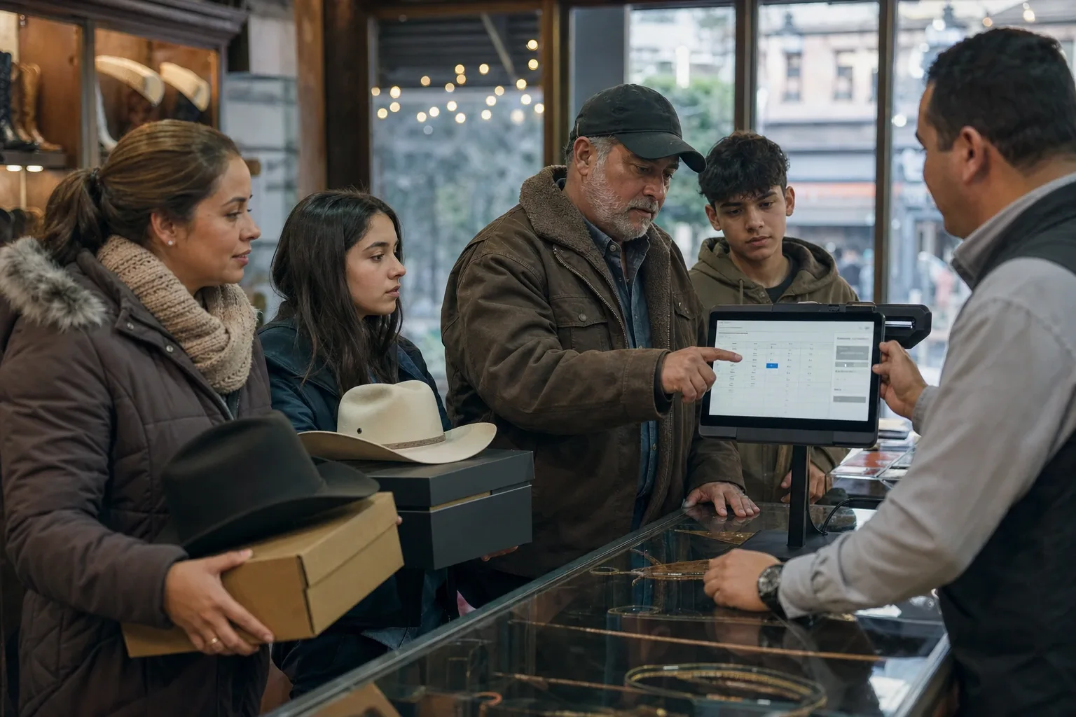 Familia de un paisano recién llegado del norte comprando botas y texanas en una tienda de Zacatecas en diciembre