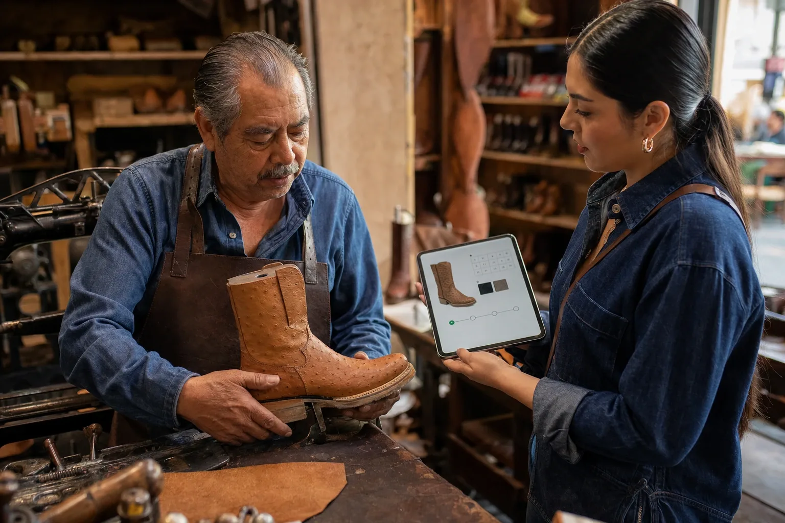 Maestro botero montando una bota de avestruz sobre la horma, con la encargada mostrando el pedido especial en la tablet