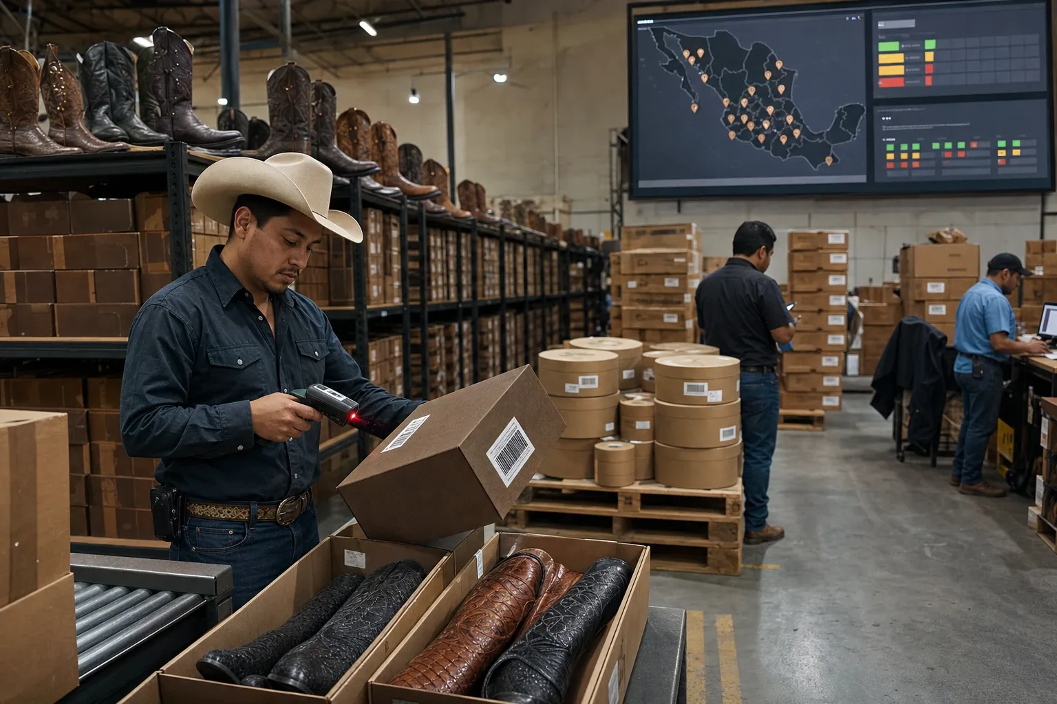 Bodega central de una cadena western con las cajas de bota por número, cajas de texana y el tablero de existencias por tienda