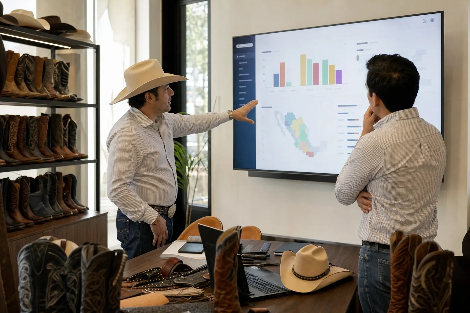 Dueño y comprador de una cadena western configurando plazas, comisiones y precios de feria frente al tablero