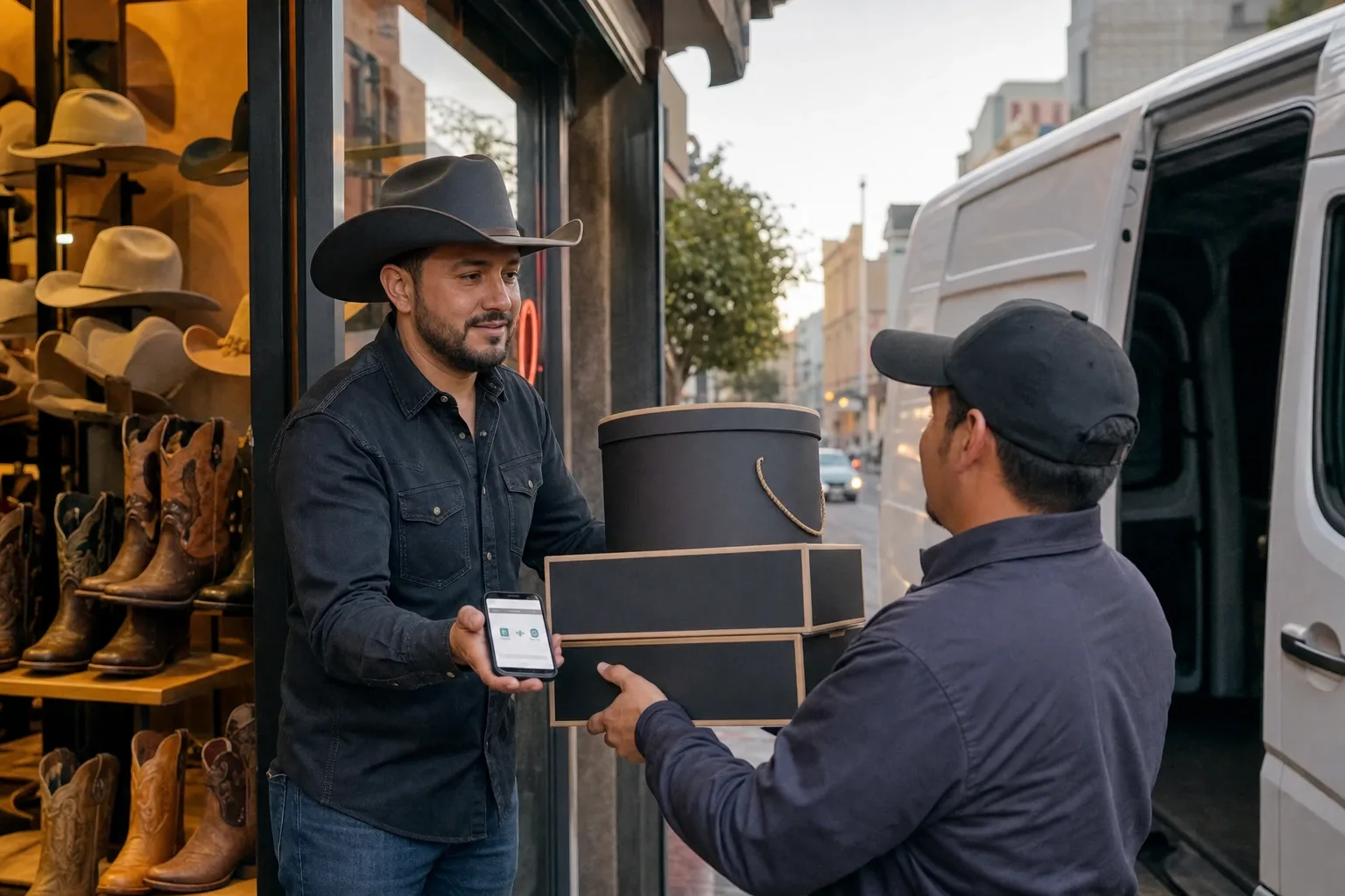Empleado entregando cajas de bota y una caja de texana a la camioneta de la cadena para el primer traspaso entre plazas