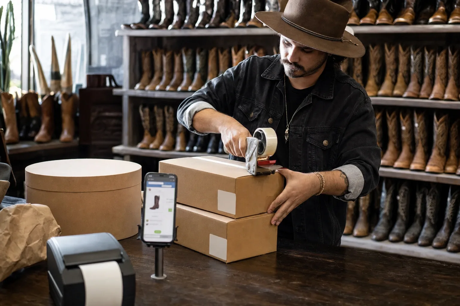 Mesa de envíos de una tienda western: cajas de bota con guía de paquetería y el celular con el WhatsApp de la tienda