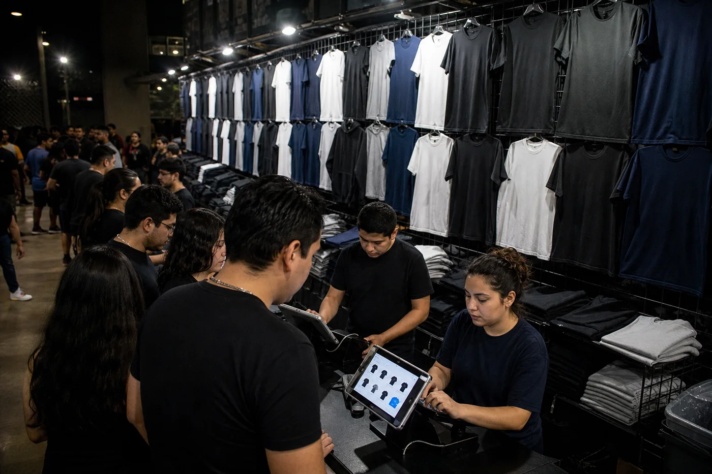 Módulo de mercancía oficial iluminado en un venue, con la fila avanzando y cajeras cobrando en tablets