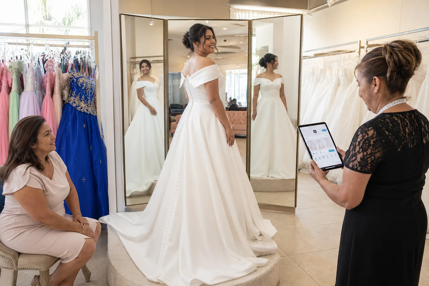 Novia probándose un vestido de muestra frente al espejo mientras la dueña consulta su tablet