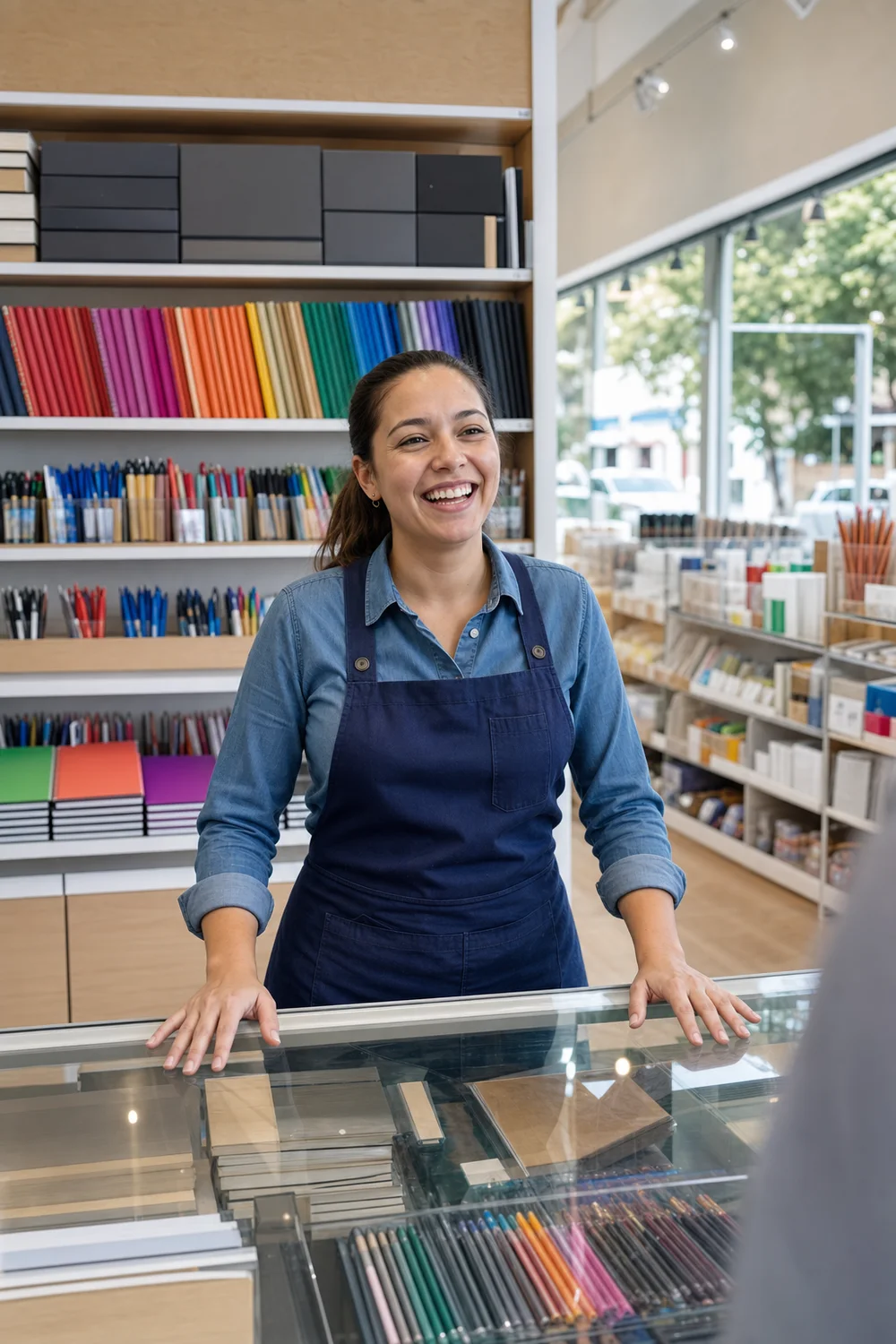 Empleada de una papelería atendiendo detrás del mostrador, con los anaqueles de cuadernos al fondo